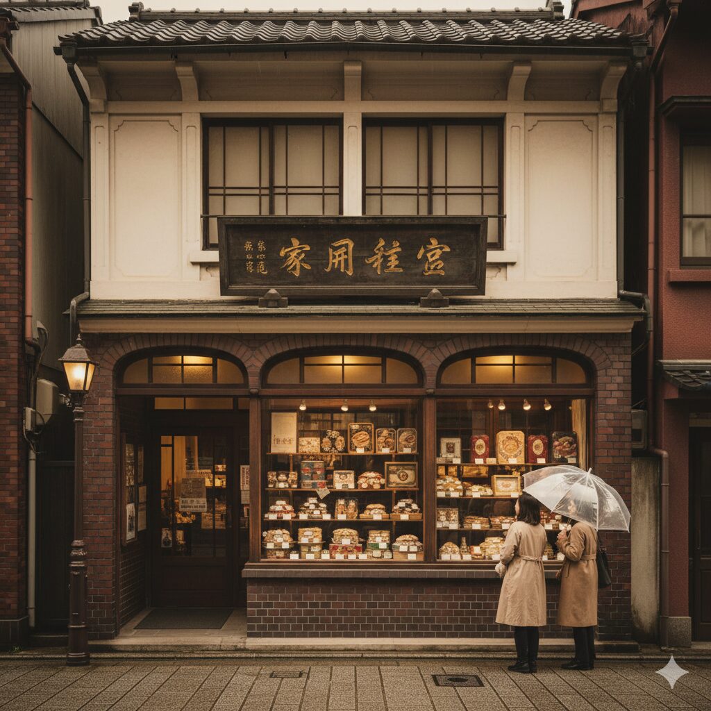 重厚な趣のある明治・大正期の西洋建築を思わせる京都の老舗洋菓子店。レトロな外観が歴史とモダニズムの融合を伝える。
