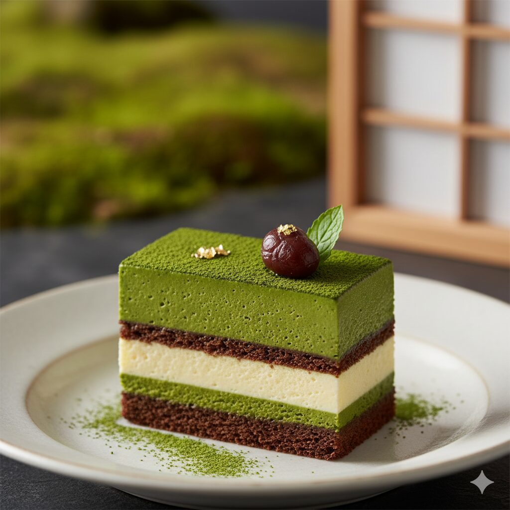 濃厚なホワイトチョコレートと厳選された抹茶が層をなす、美しい和洋折衷のスイーツ。日本の繊細さと洋菓子の技術の融合。