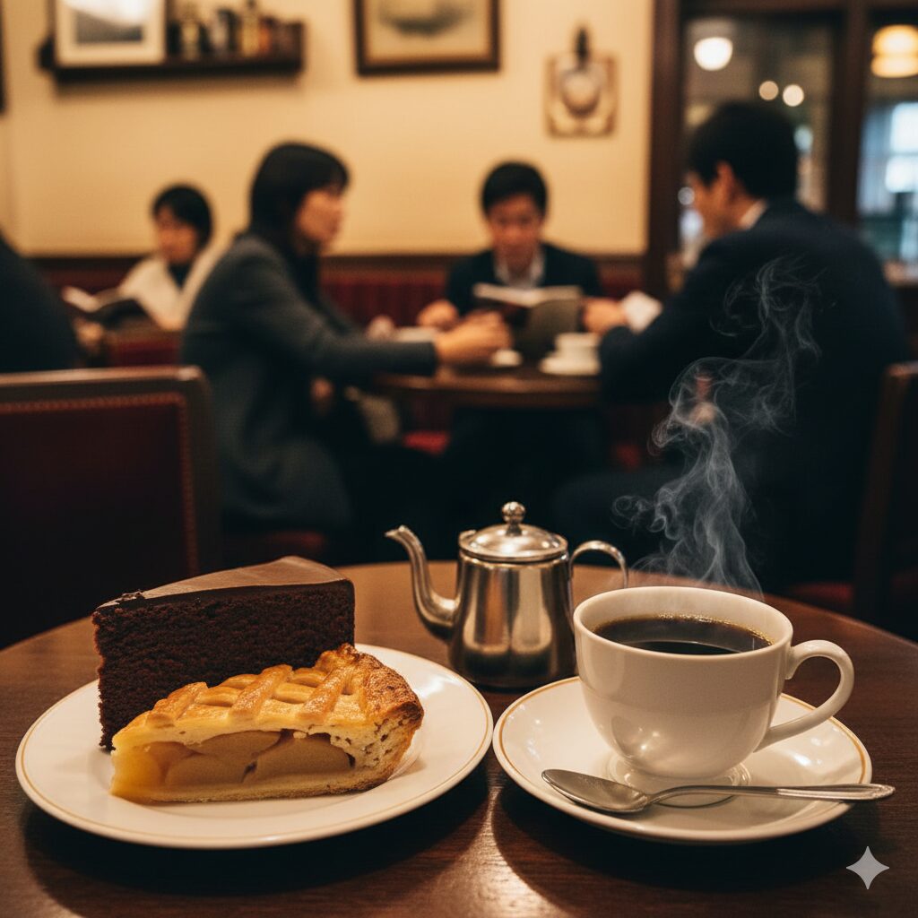深煎りコーヒーと、それに合うしっかりとした甘さのケーキ。京都の喫茶文化における洋菓子とコーヒーの高い親和性を表現。