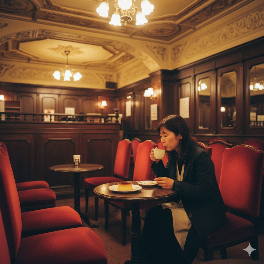 赤いビロードの椅子とバロック調の内装が特徴的な、国の登録有形文化財のレトロ喫茶店の風景。タイムトラベルのような体験