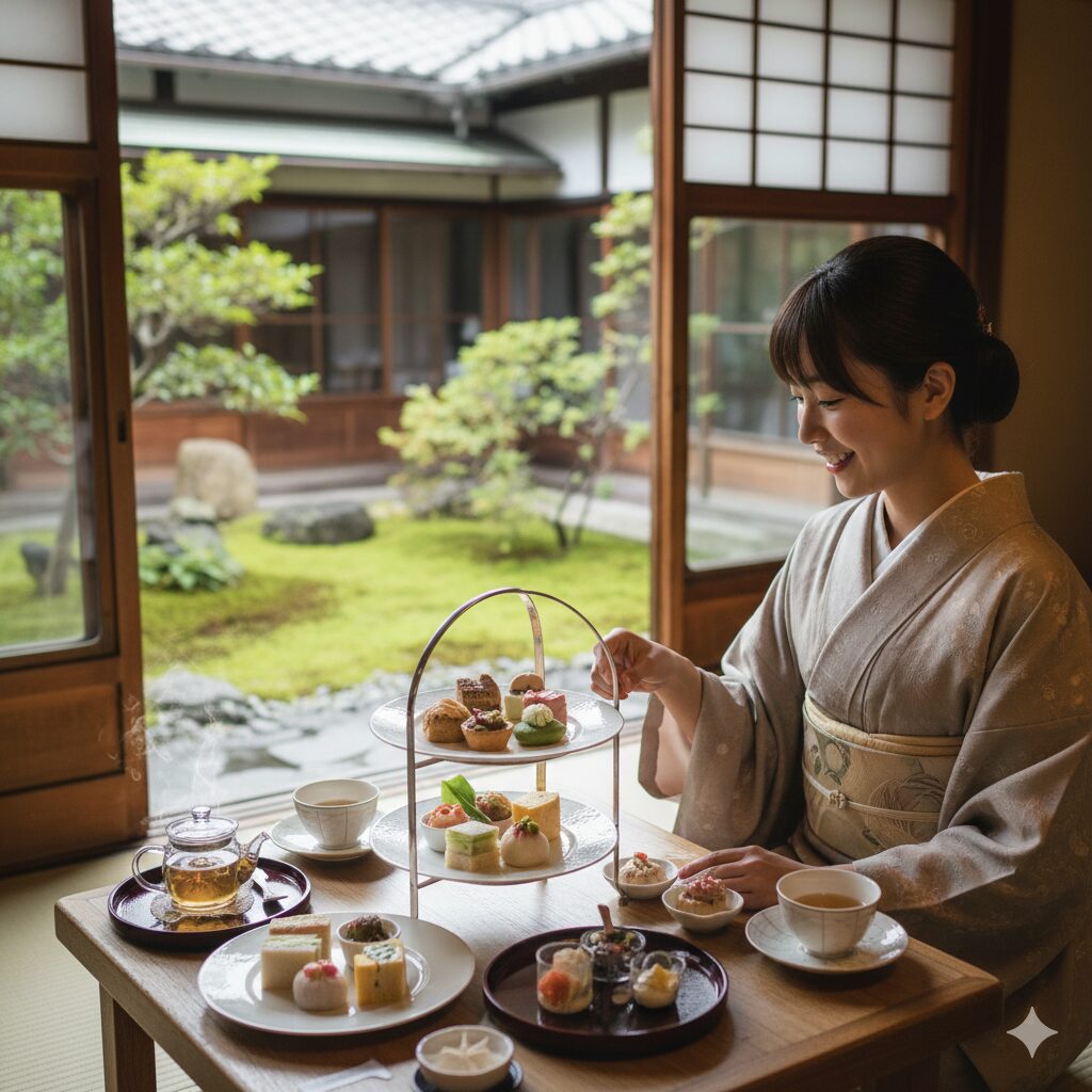 美しい坪庭を望む京町家リノベーションカフェで楽しむ、和の要素を取り入れた贅沢なアフタヌーンティー。