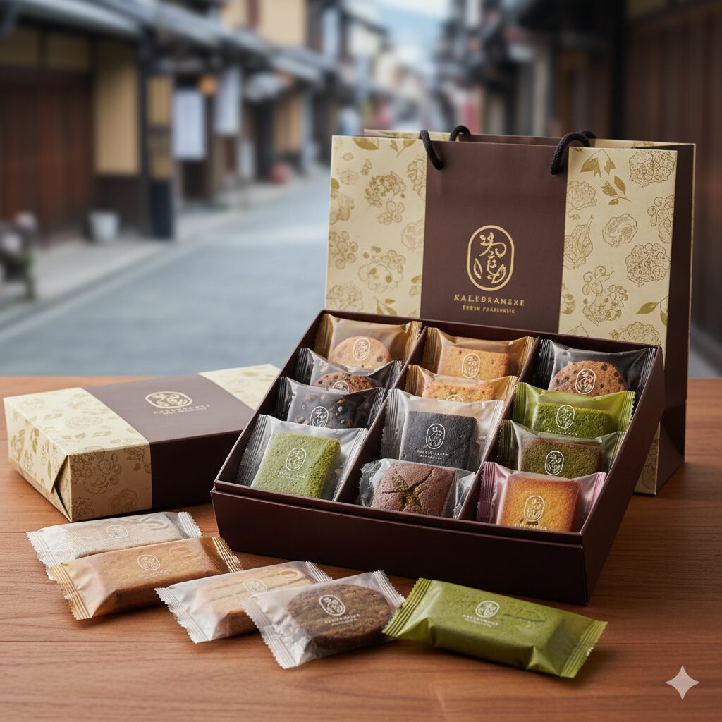 日持ちがして個包装された、高級感のある京都土産の焼き菓子（クッキーやフィナンシェ）の詰め合わせ。