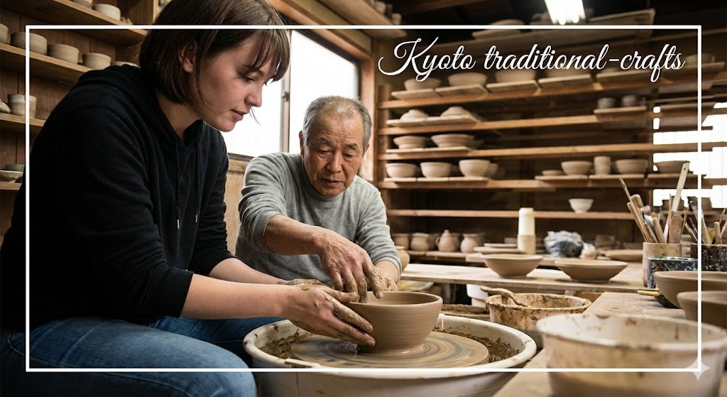 「京都で職人から学ぶ陶芸体験の様子。五感を刺激する伝統工芸の魅力を伝える写真。『Kyoto traditional-crafts』