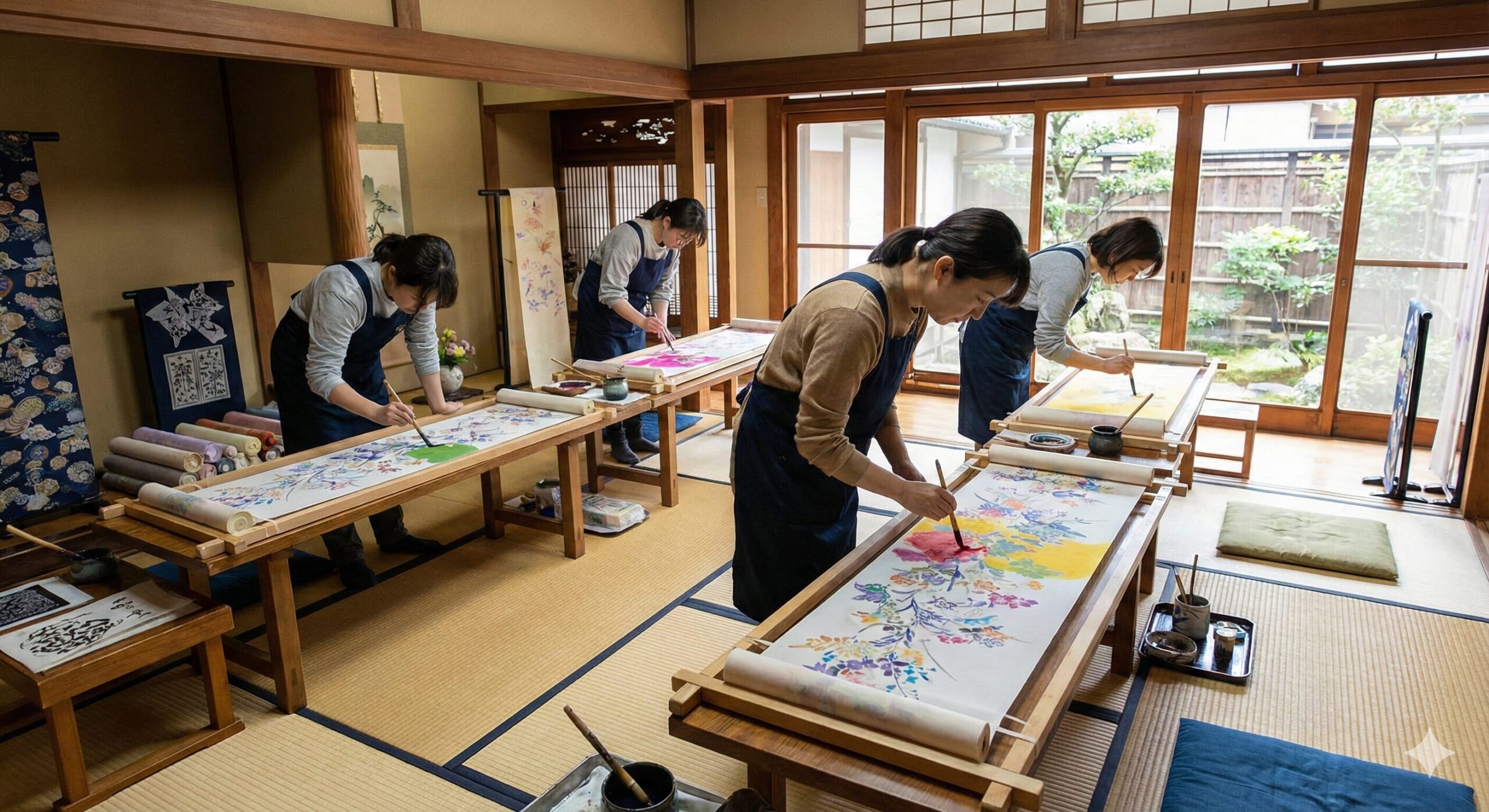 京都の伝統的な京町家工房で行われる本格的な京友禅の染め体験の様子