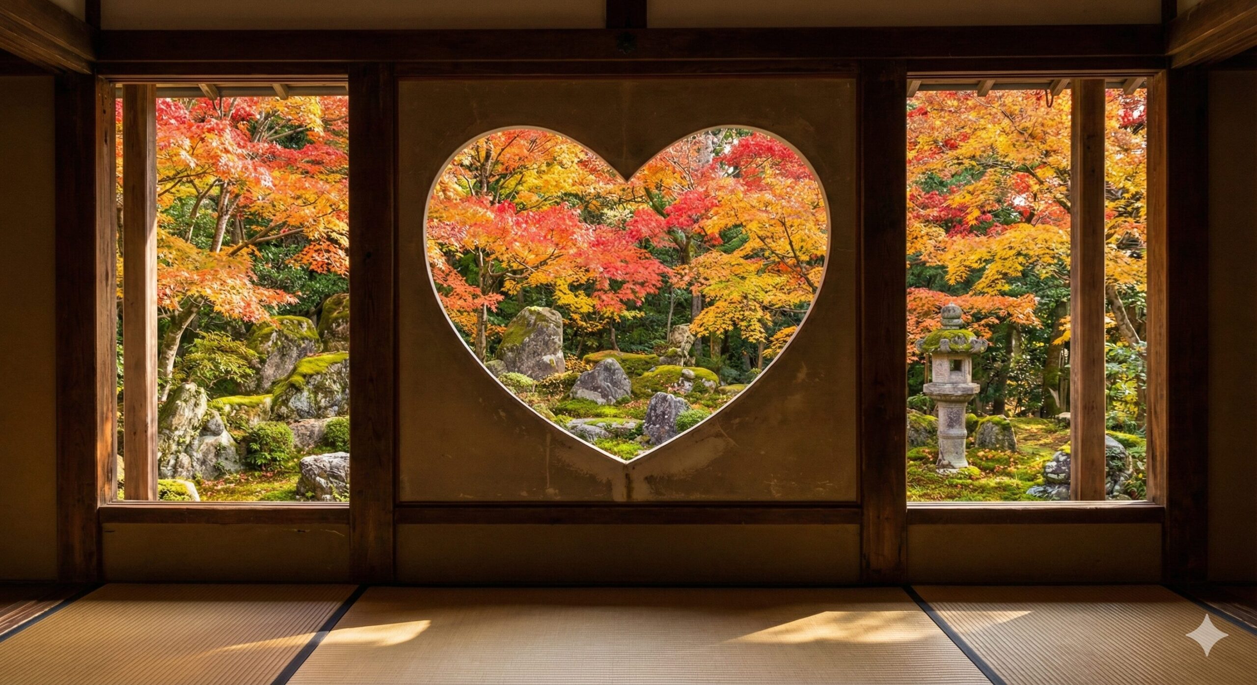京都の正寿院にあるハート型の猪目窓から眺める四季折々の美しい風景