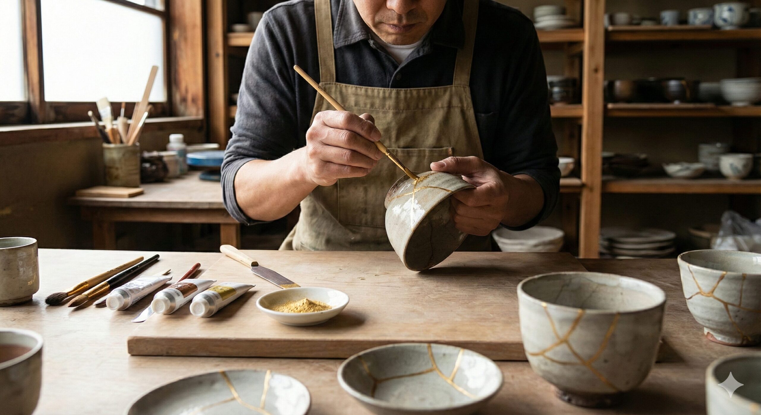 割れた器を漆と金で美しく修復する日本の伝統技術「金継ぎ」の本格的なワークショップ