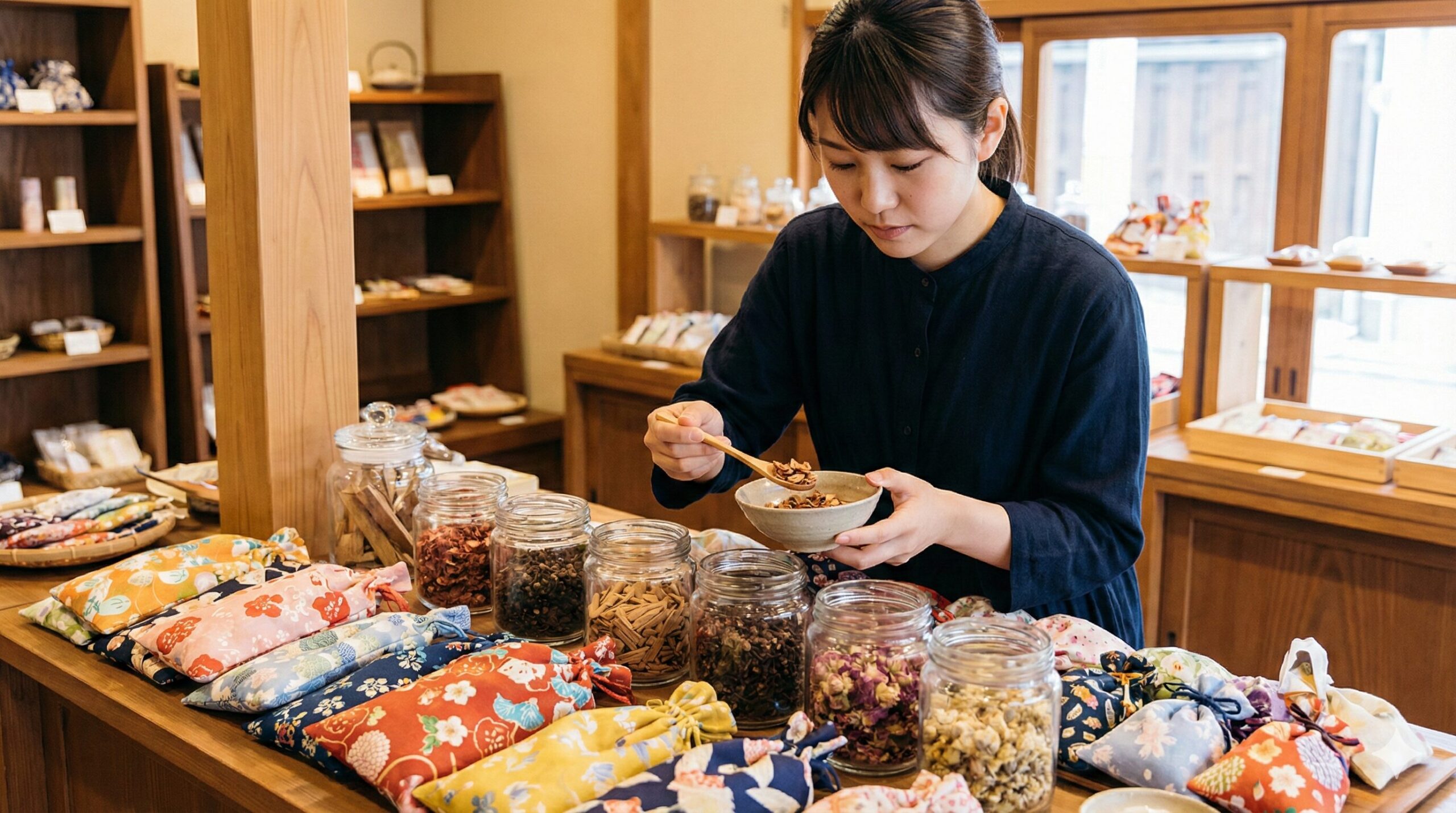 石黒香舗のような老舗の店内で、様々な色と柄の巾着袋や天然香料の瓶が並べられた作業台。若い日本人女性が真剣な表情で、好みの香料を選び、匂い袋に詰めている。自分だけの香りを作る喜びと、手作りの温かみが伝わる画像。