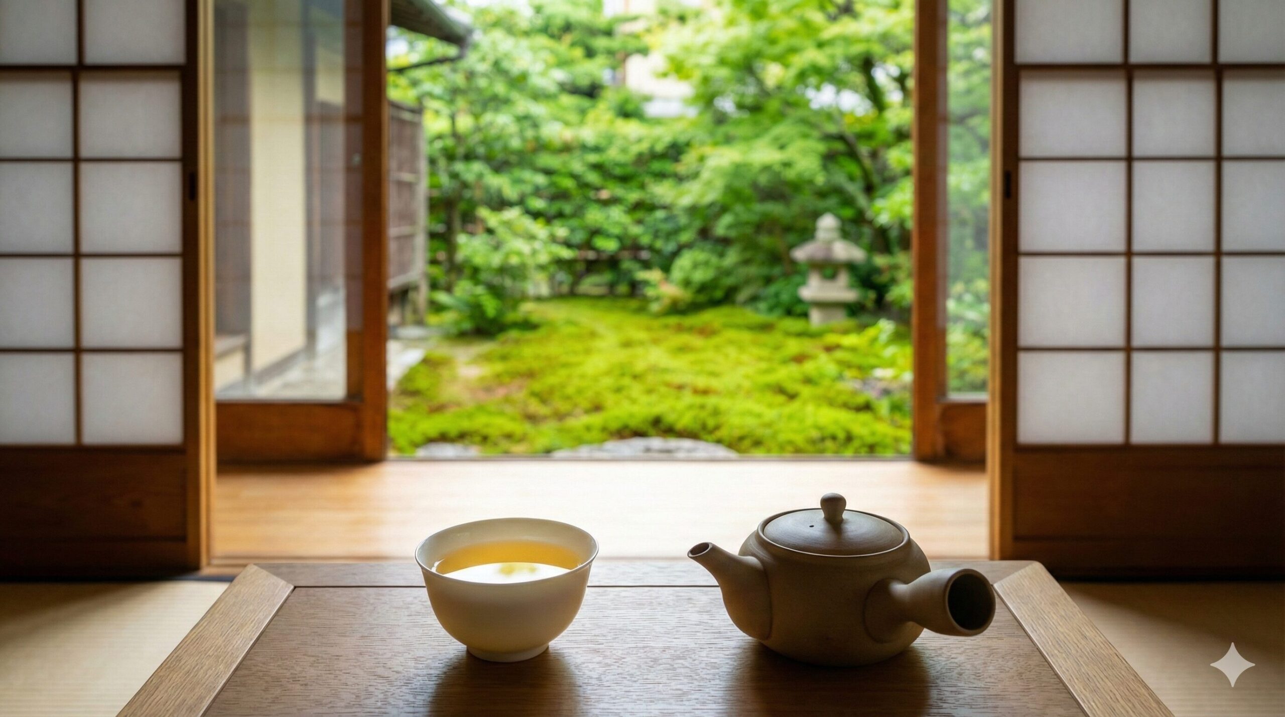 京都の伝統的な茶室で庭園を眺めながら静かにお茶を楽しむマインドフルネスな風