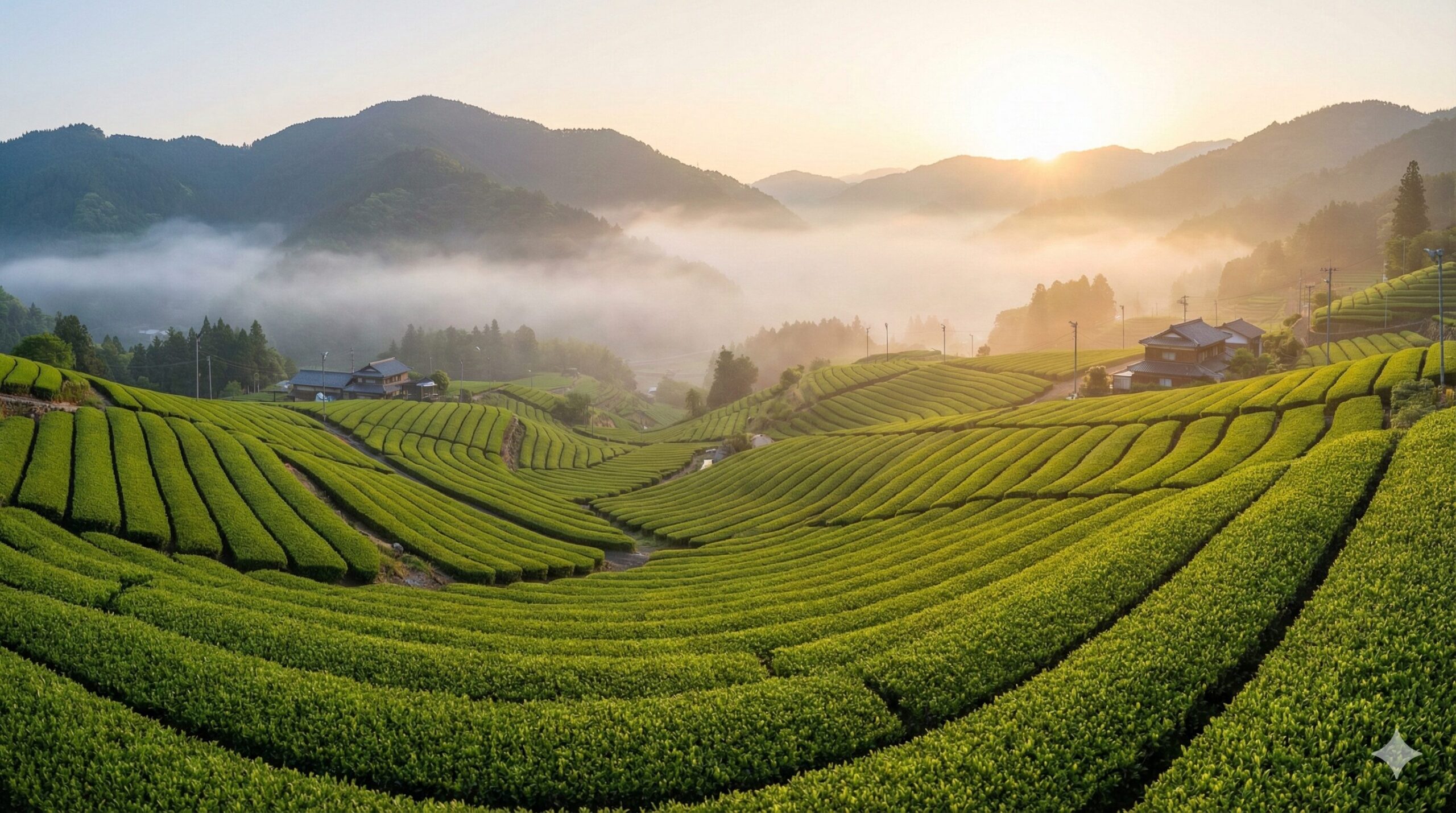 京都府和束町の朝霧に包まれた幾何学的で美しい茶畑の絶景
