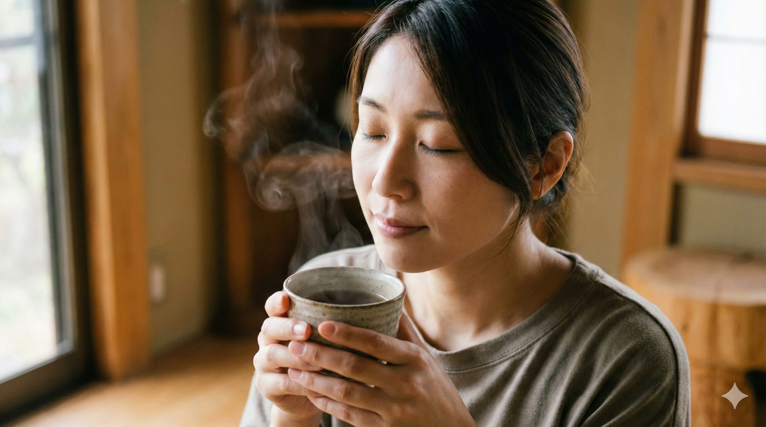 立ち上るお茶の香りと湯気を楽しみリラックスする日本人の様子