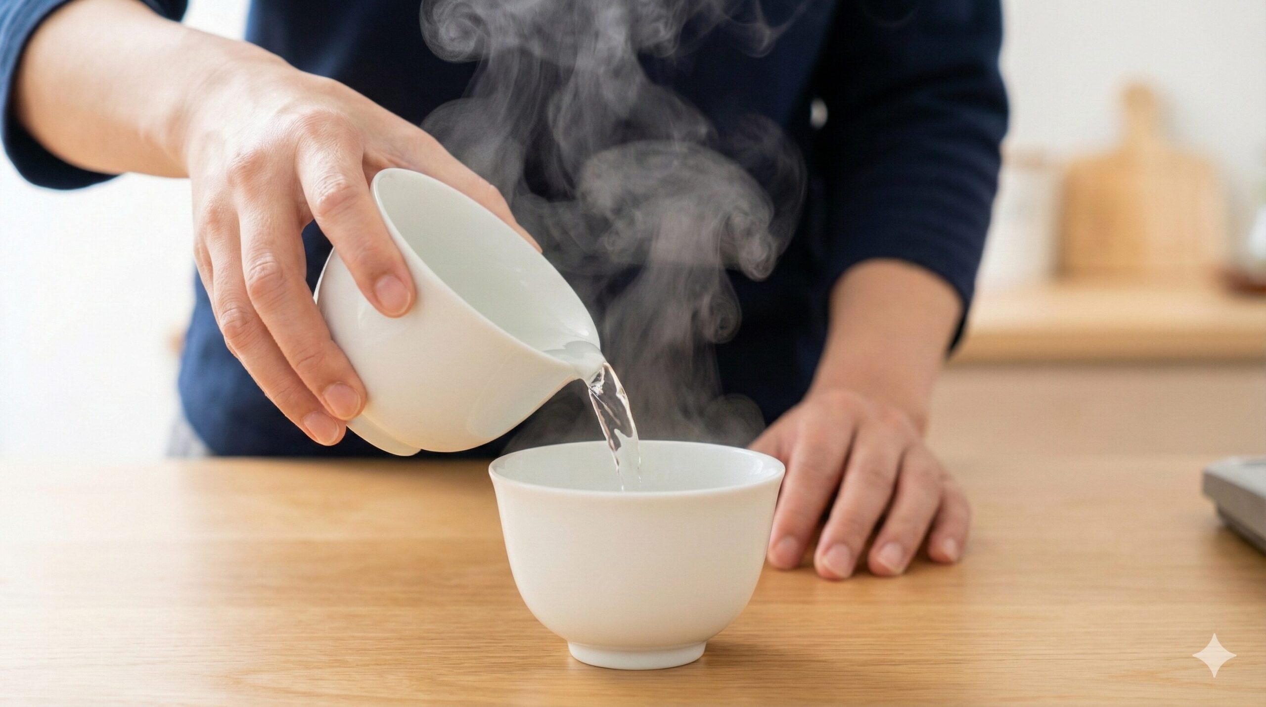 お茶の旨味を引き出すために湯呑みから湯呑みへお湯を移し替えて温度を下げる湯冷ましの工程