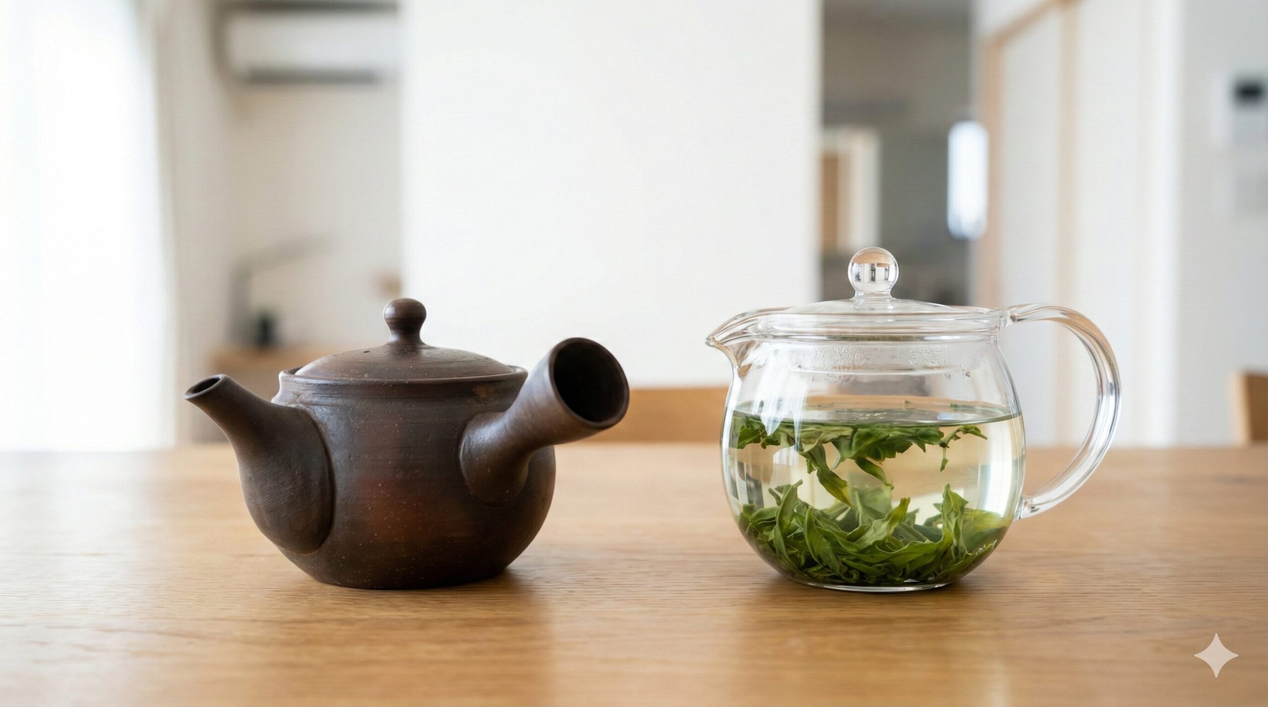 伝統的な常滑焼の急須と茶葉の動きが見える現代的な透明急須の比較