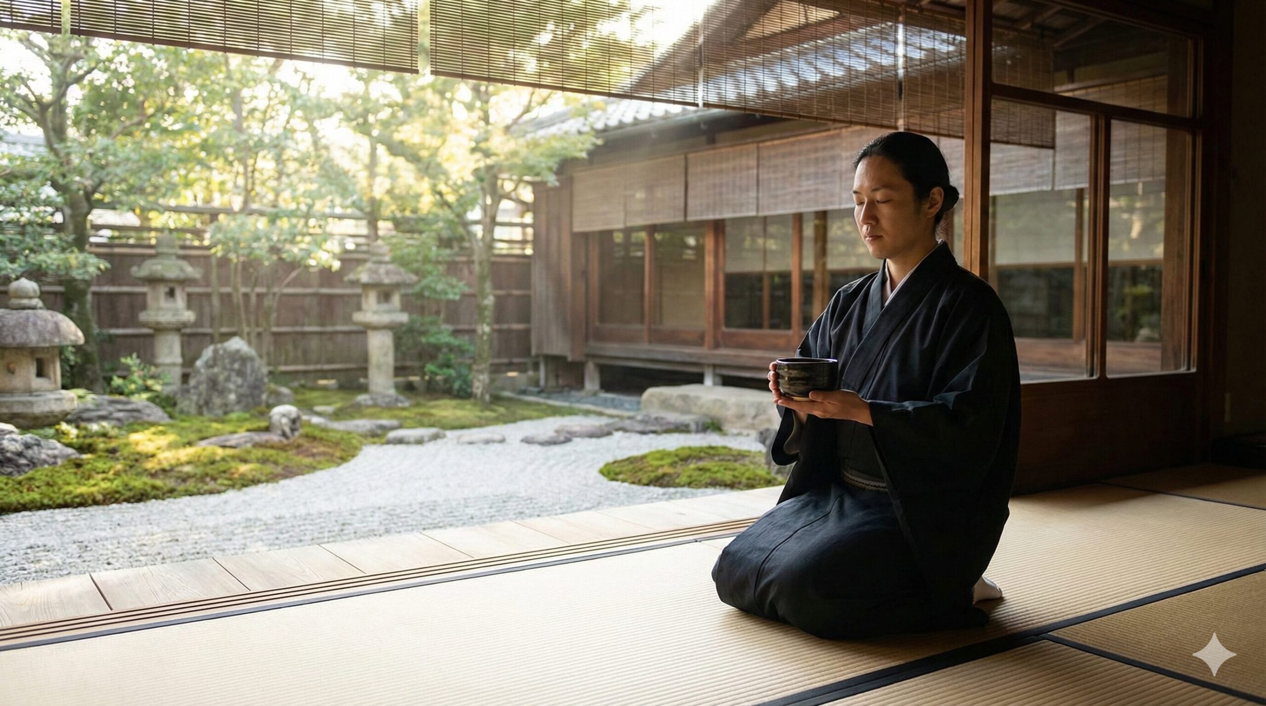 京都の寺院で庭園を前に心を整えるティーメディテーション（茶瞑想）の体験シーン