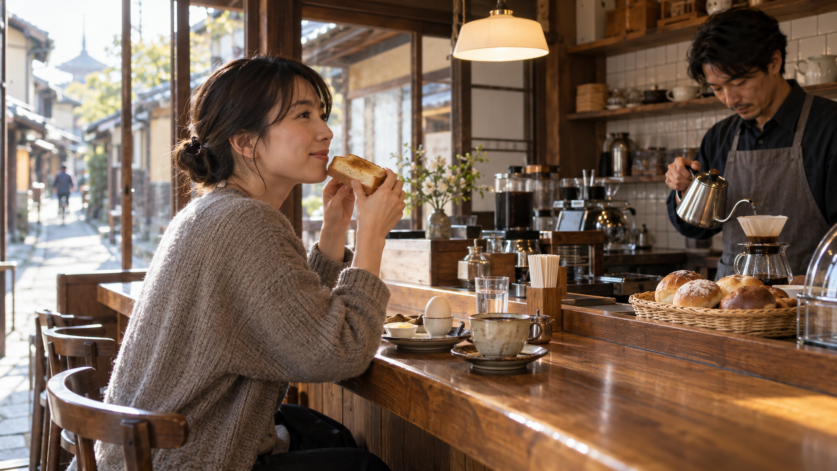 京都の町家風喫茶店でパンとコーヒーを楽しむ日本人女性