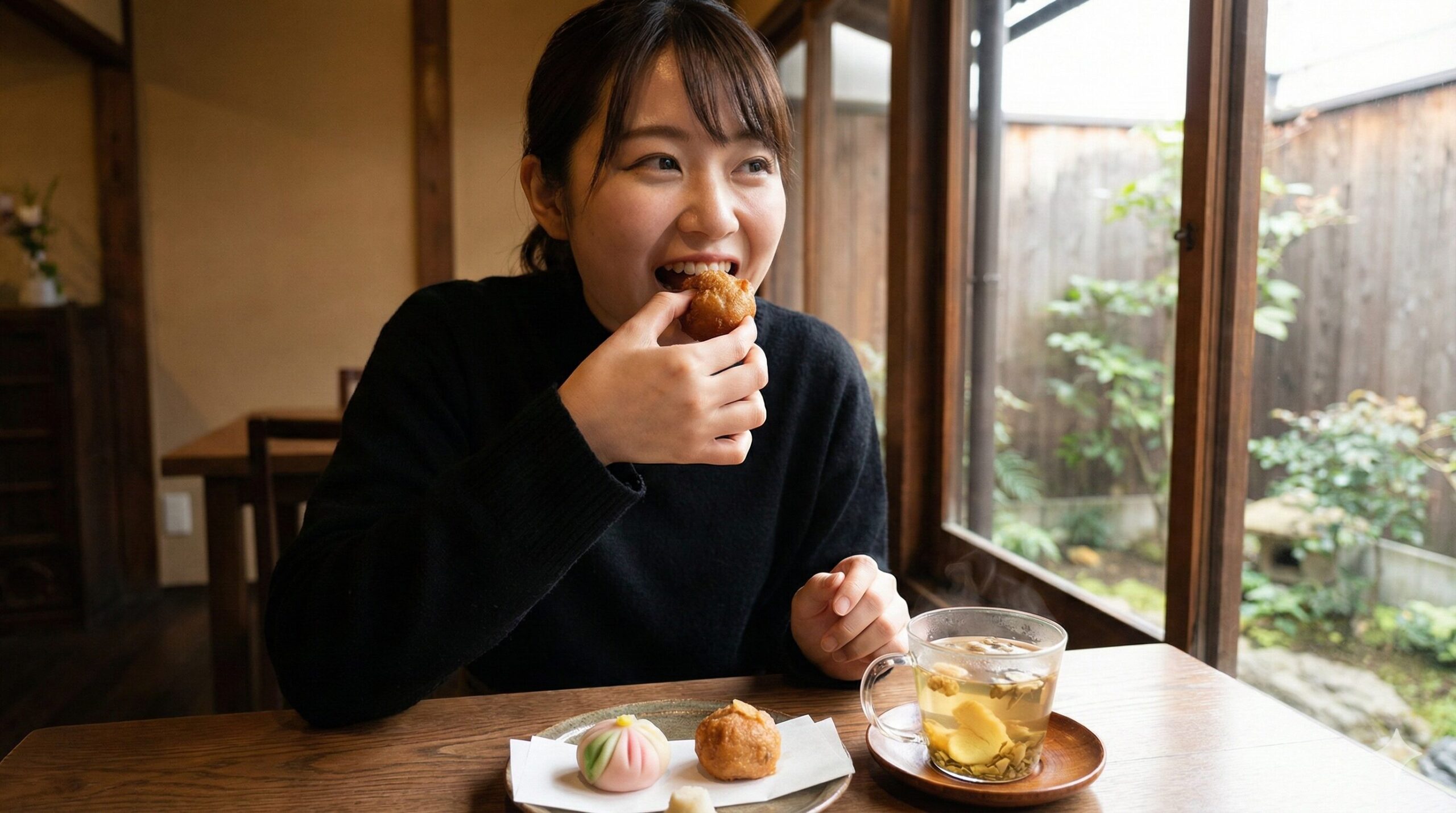 祇園・亀屋清永の銘菓「清浄歓喜団」や、山田松香木店の薬種カフェをイメージした、伝統的で美しい和菓子と薬種湯が並べられたテーブル。若い日本人女性がそれを味わい、嗅覚と味覚で京都の新しいお香文化を楽しんでいる様子