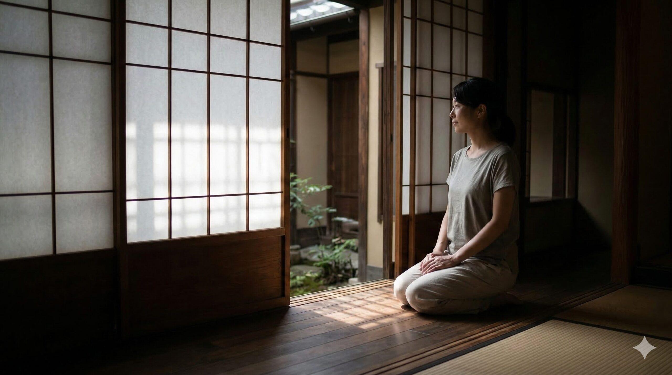 京町家の障子越しに差し込むやわらかな光と影を楽しむ日本人女性