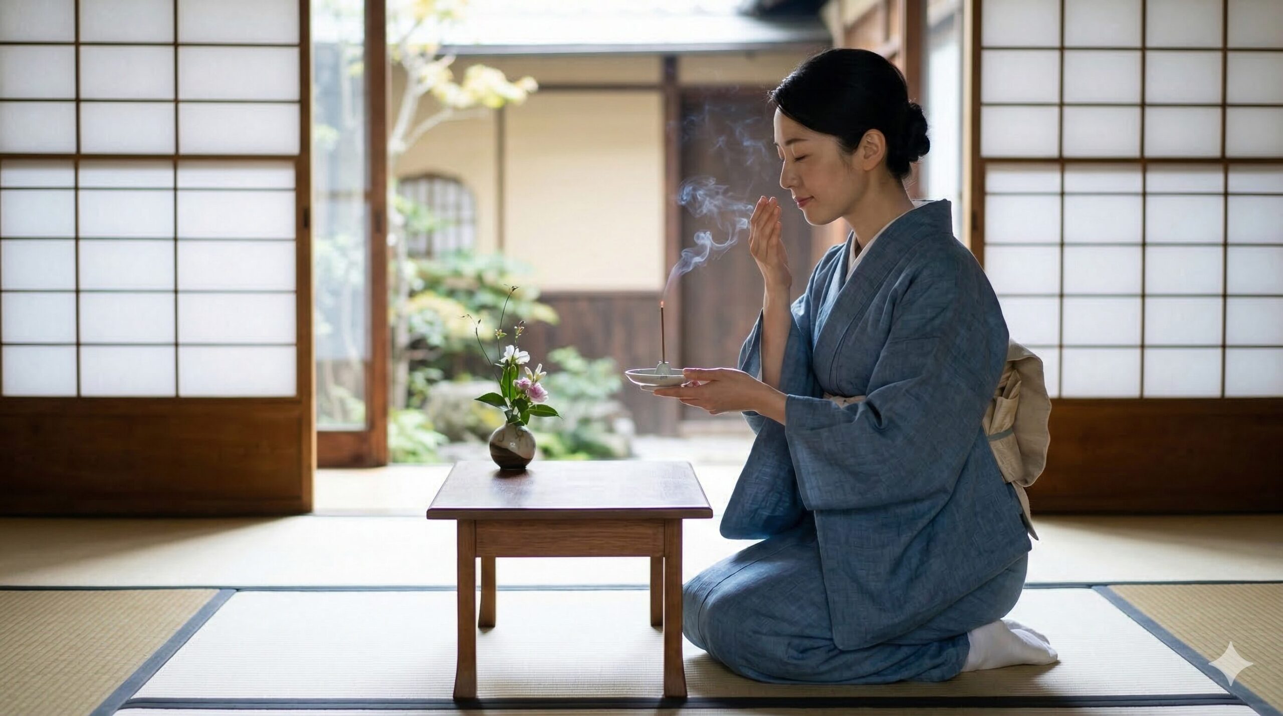 京都の町家でお香の香りを静かに愉しむ日本人女性