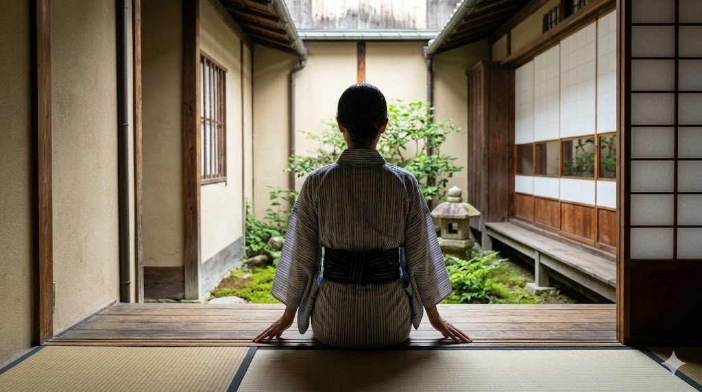 京都の町家で坪庭の静けさと木の香りを体験する日本人女性の背中