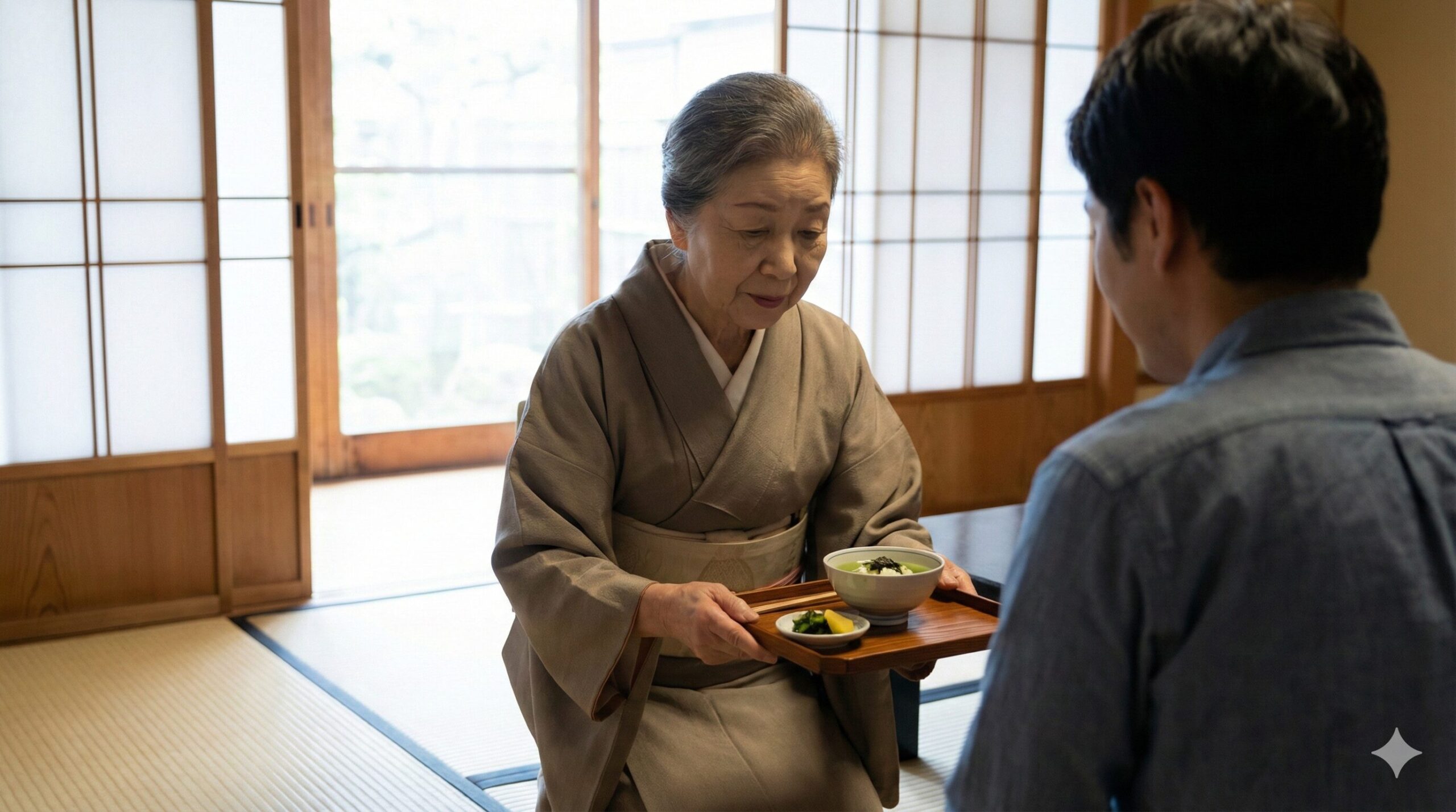 京都の和室で、上品な老婦人が訪問客にシンプルなお茶漬け（ぶぶ漬け）を差し出している様子。