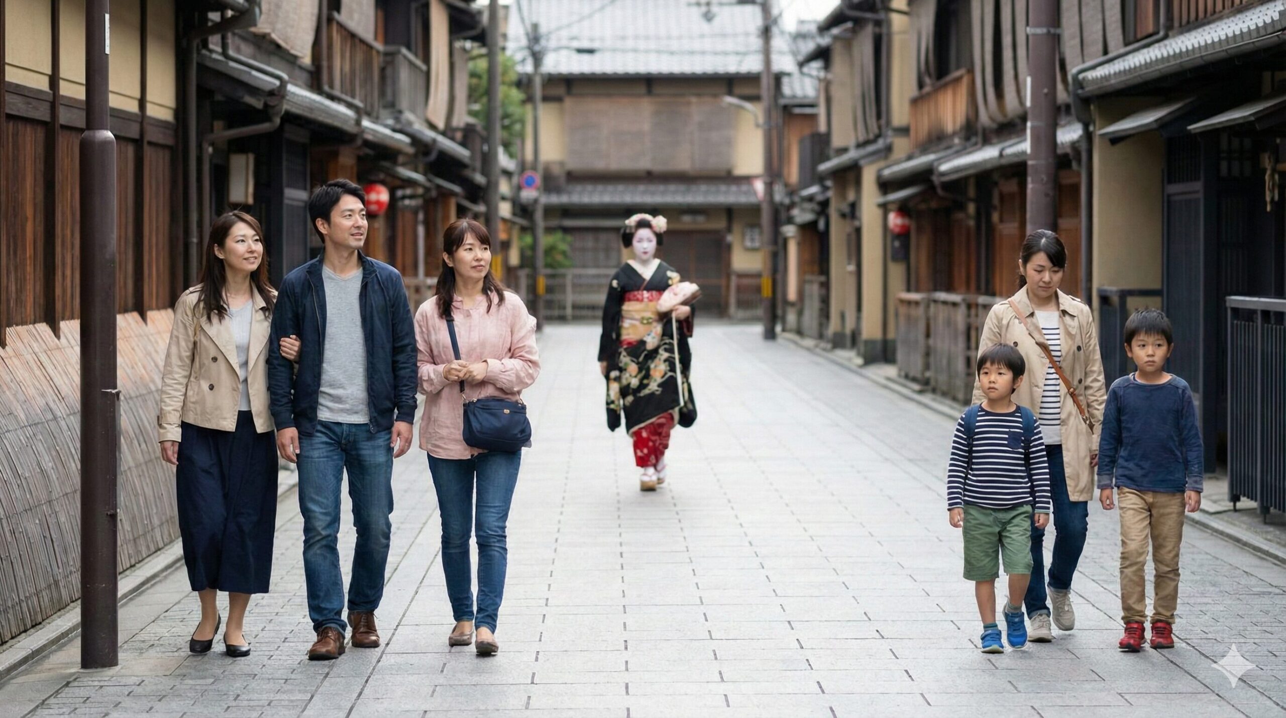 京都・祇園の花見小路で、観光客が舞妓さんに対して適切な距離を保ち、マナーを守って静かに歩いている様子。