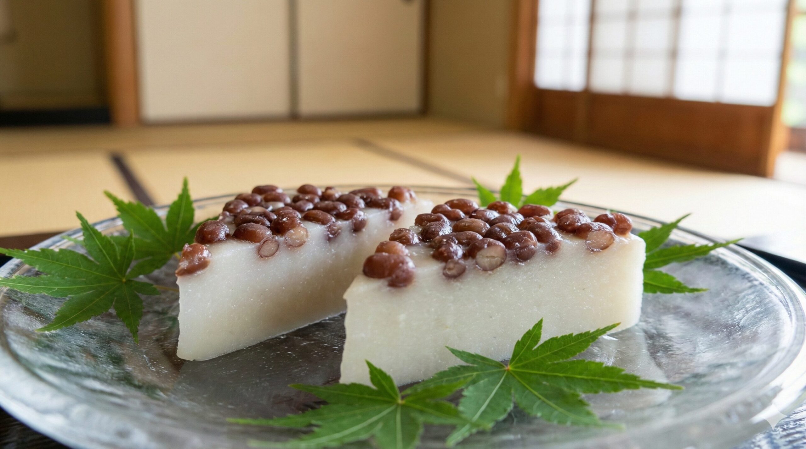 京都で6月30日の「夏越の祓」に食べられる伝統的な和菓子「水無月」。ガラス皿に盛られ、青楓が添えられている。