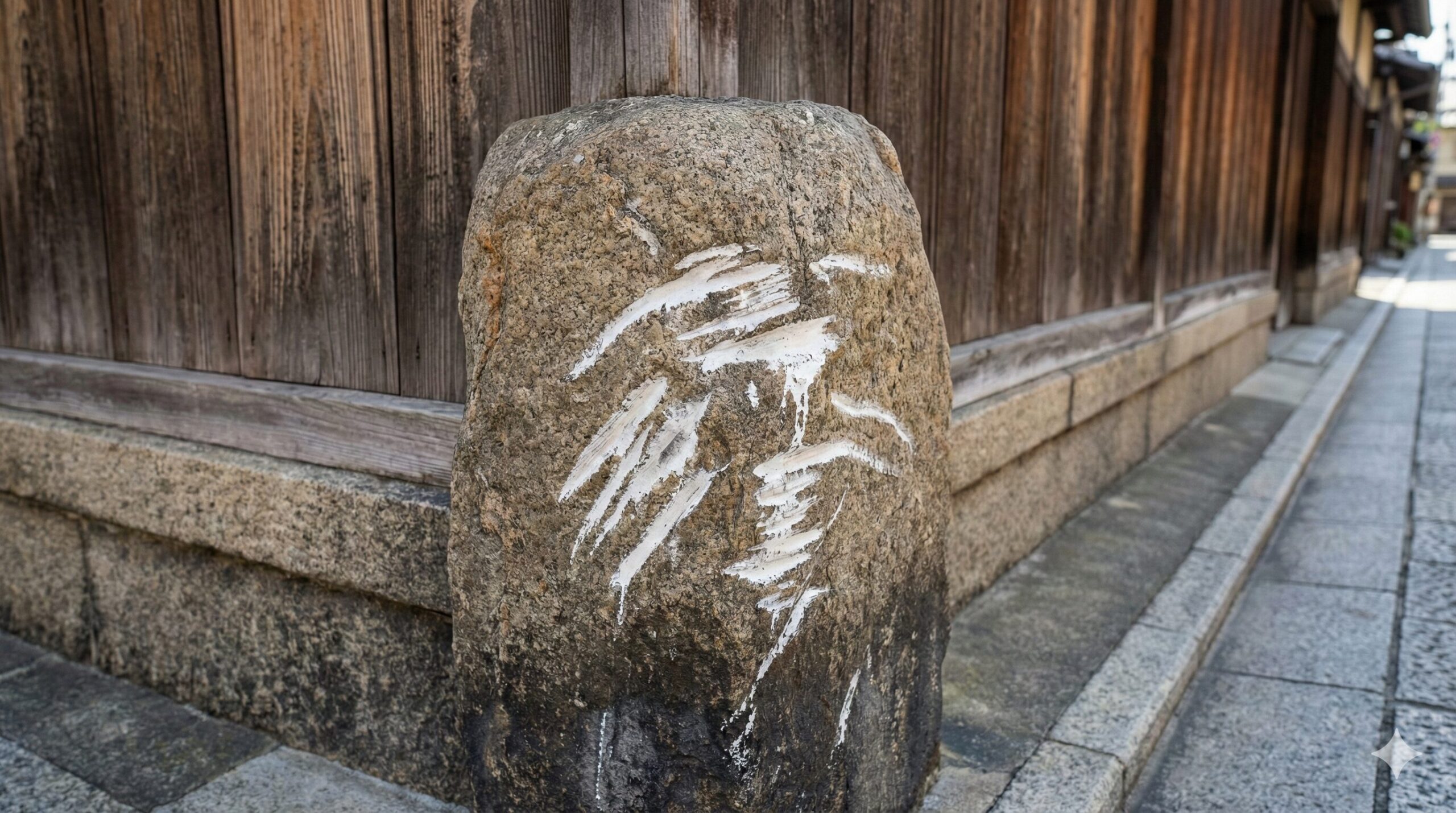 京都の町家の角に置かれた「いけず石」の表面に残る、車が擦った白い跡のクローズアップ。