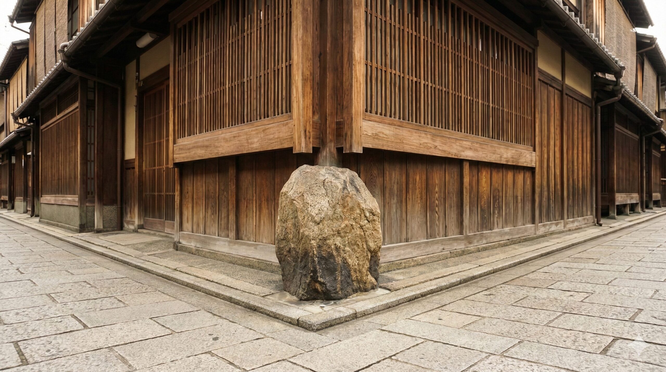 京都の古い町家が並ぶ狭い路地の角に置かれた、建物を守るための大きな「いけず石」。