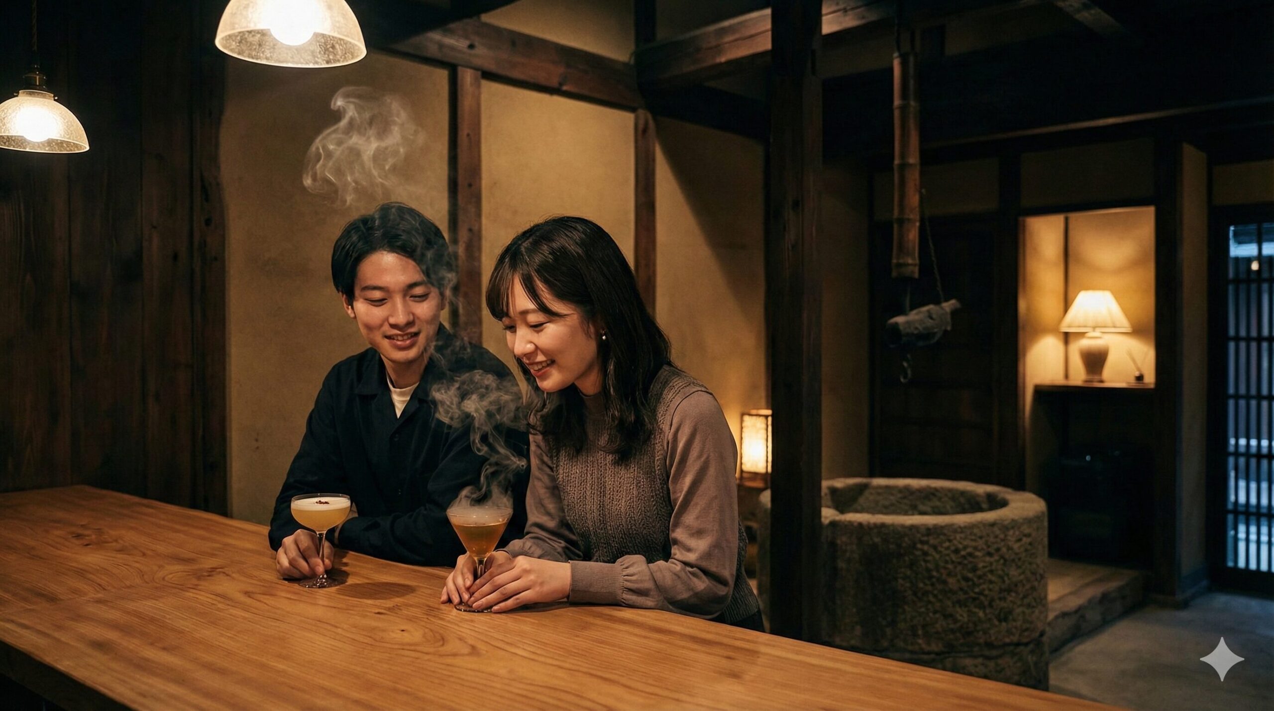 清水五条のCocktail Stand FUREKのような、趣のある京都の町家を改装したバーの店内。カウンターには、お香の香りをイメージしたカクテルが置かれ、薄明かりの中でグラスから立ち上るアロマを楽しむ若い日本人のカップル。