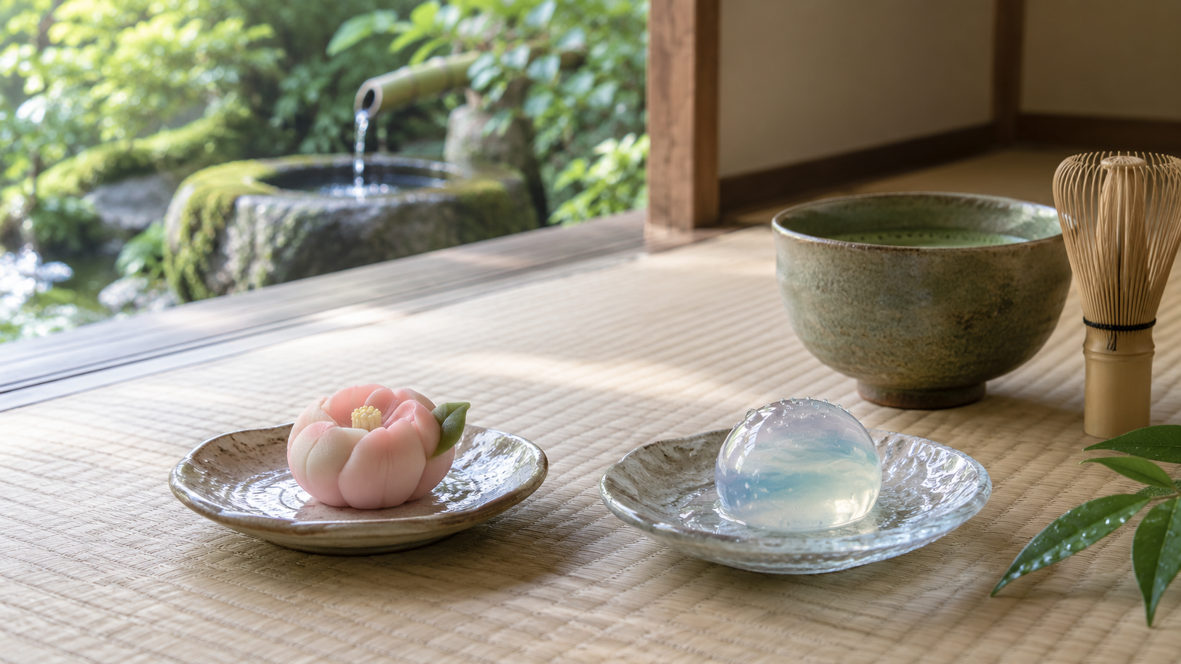 京都の庭園と水鉢を背景にした季節の和菓子と抹茶