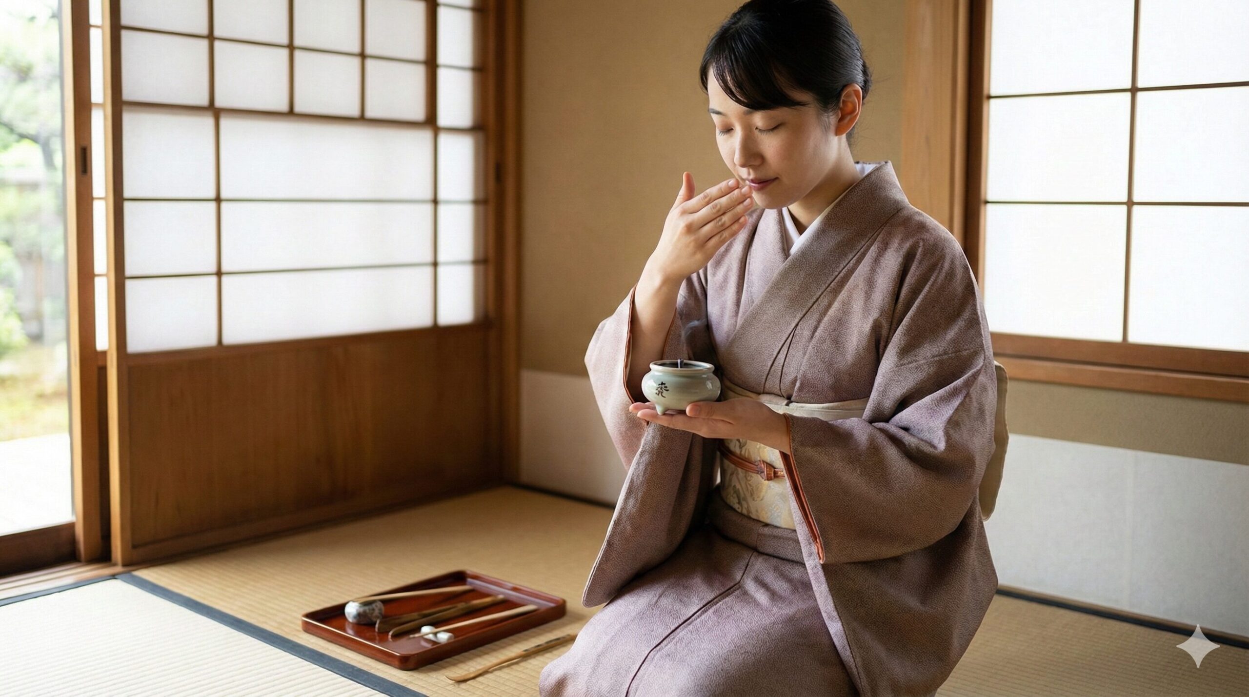 松栄堂 薫習館のような伝統的な和室で、畳に座った若い日本人の女性が、静かに香炉を手に持ち「聞香」を行っている。落ち着いた雰囲気の中で、香りに集中する様子が描かれ、初心者でも参加しやすい聞香