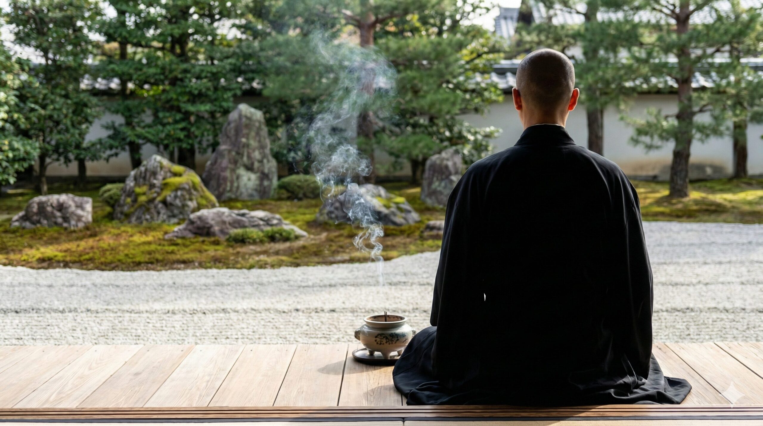 妙心寺の春光院を思わせる禅寺の広縁で、座禅を組む僧侶の後ろ姿。窓の外には手入れされた枯山水庭園が広がり、香炉から立ち上る煙が静かに漂っている。禅と香りが融合したマインドフルネスな体験を表現する画像。