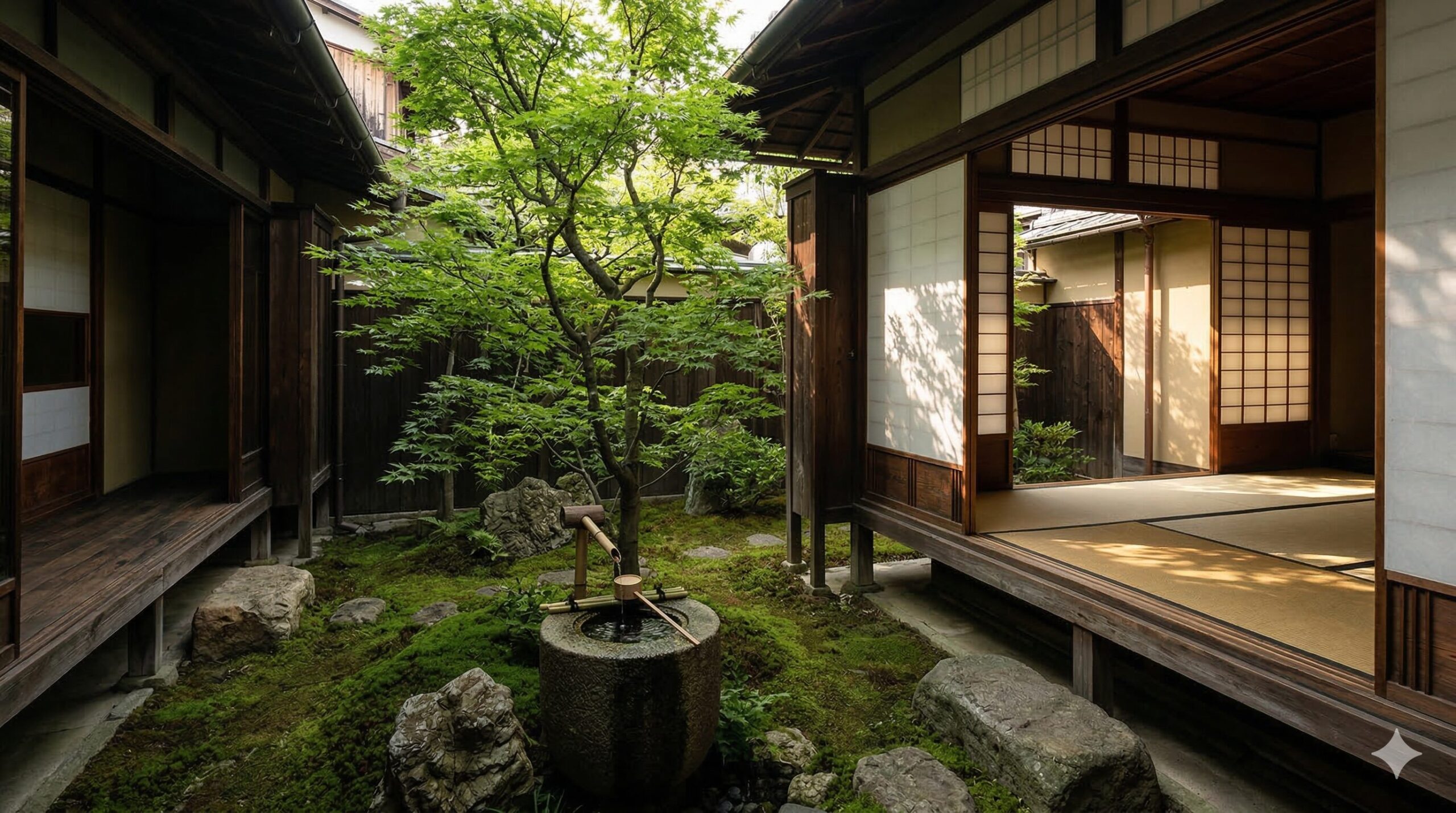 京都の落ち着いた町並み。やわらかな光と静けさが漂い、五感で味わう京都文化の世界観を象徴する風景。