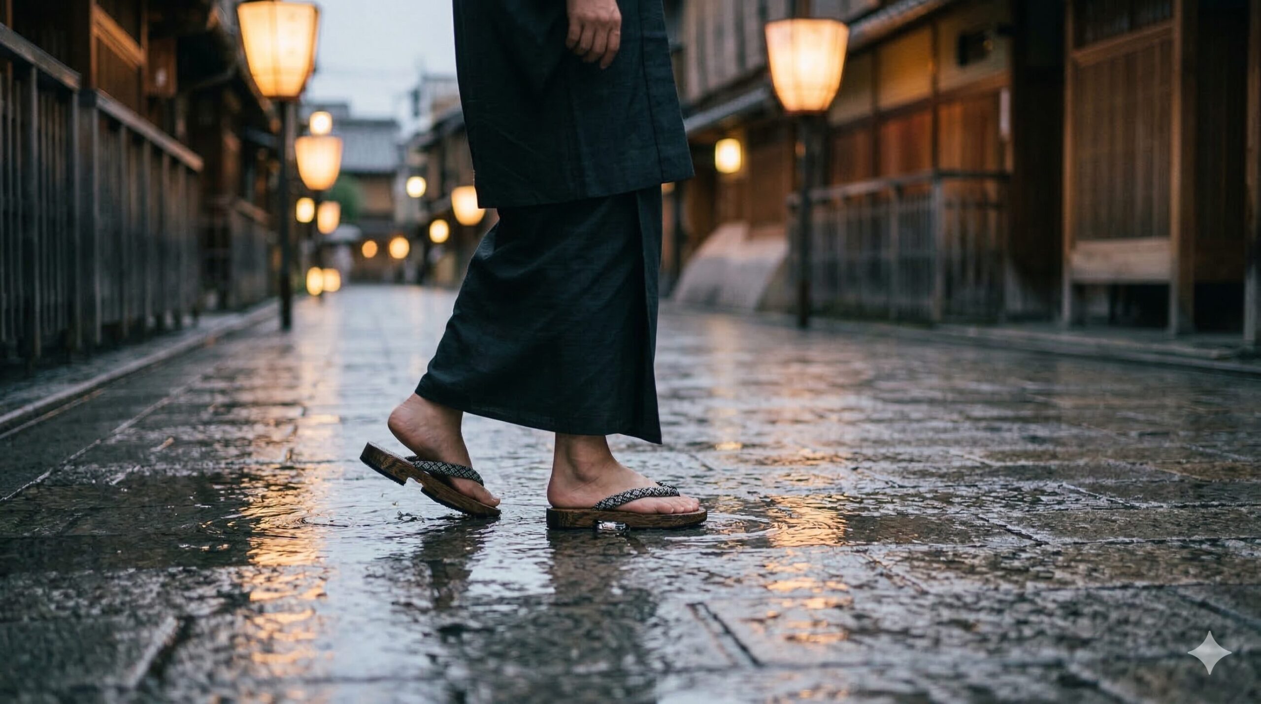 夜の京都。雨上がりの石畳の細い路地を歩く日本人男性の足元。灯籠の光が路面を照らす。