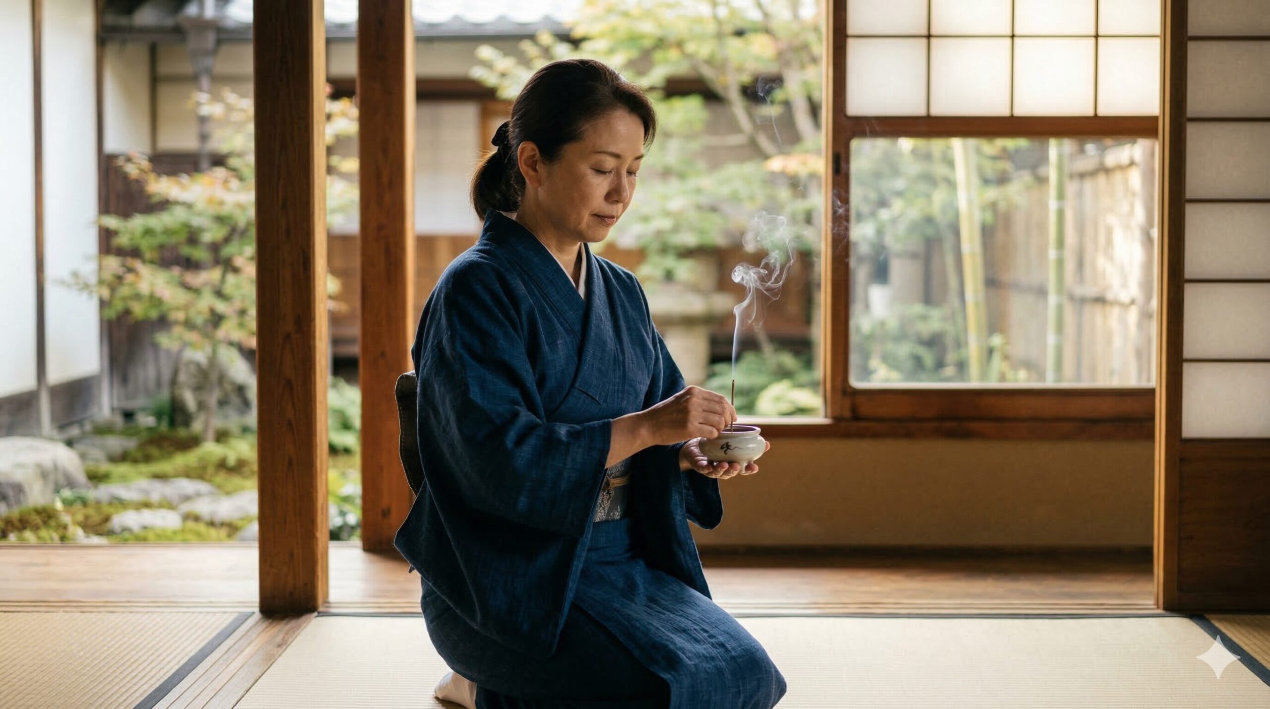 京都の寺院で、お香を焚く日本人女性。煙がほのかに立ち上り、落ち着いた空間を演出する。