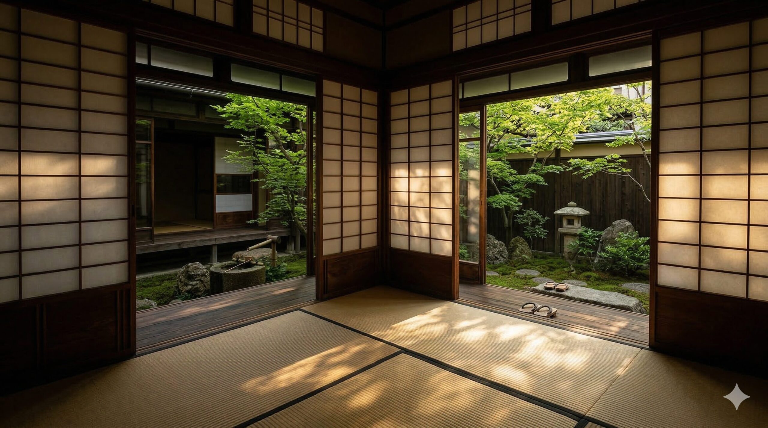 京都の町家の内観。障子を通したやわらかな光と、庭園の木々がつくる陰影が織りなす空間。