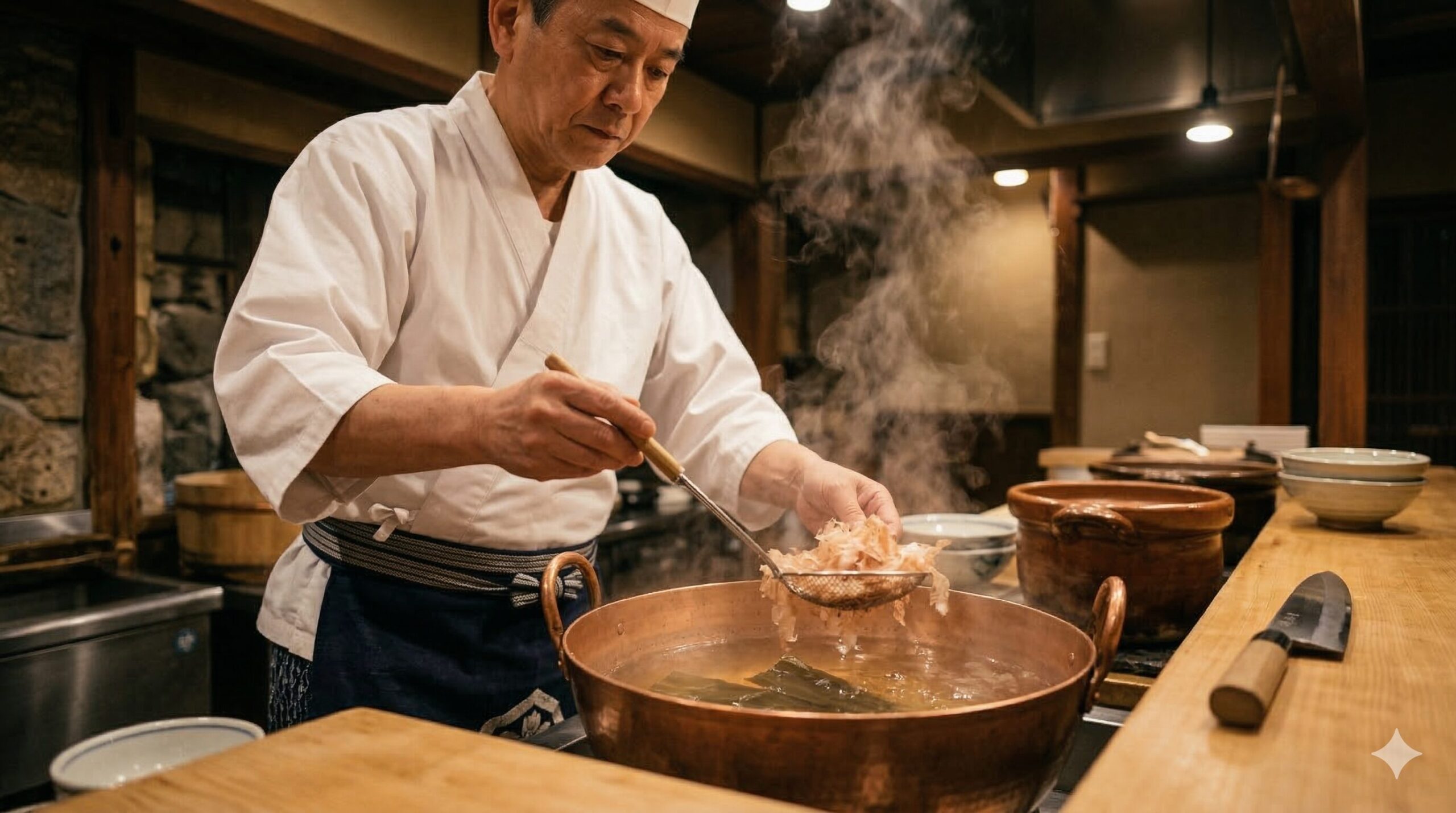 京都の料亭。カウンター席で、熟練の料理人が出汁を引く。湯気が立ち上り、美味しそうな雰囲気が漂う。