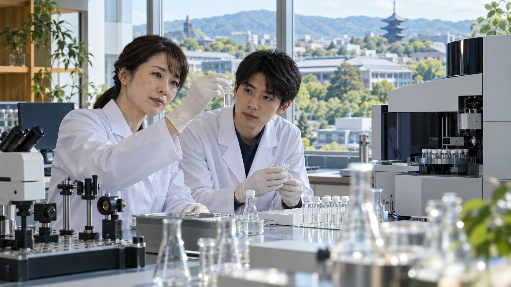 京都の先端工場で電子部品と半導体製造を確認する日本人技術者