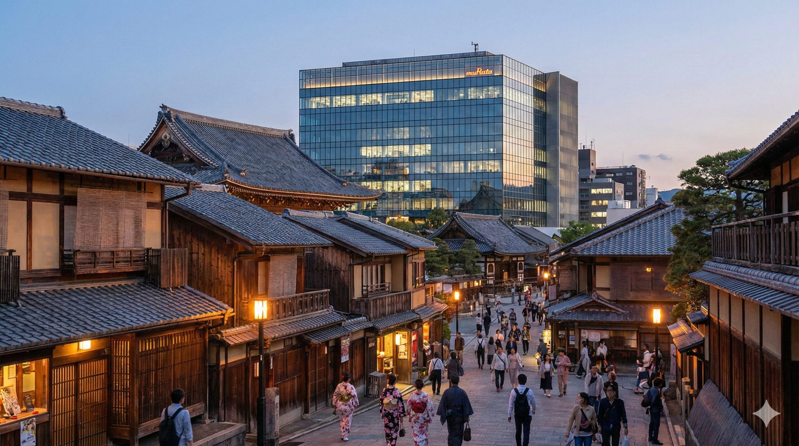 京都に本社を置く村田製作所の企業イメージ。伝統的な町並みと最先端テクノロジーが共存する京都発・世界企業を象徴