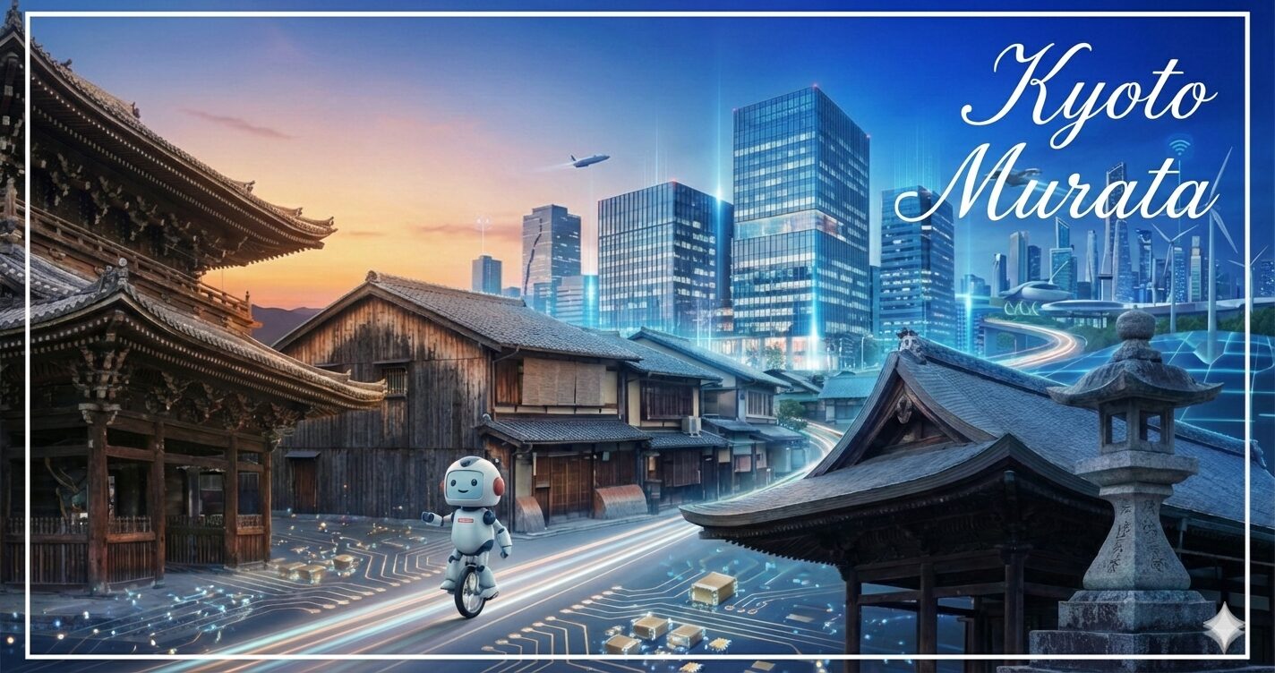 村田製作所のMLCC（積層セラミックコンデンサ）が基板上に配置され、電子部品が世界のテクノロジーを支える構造を示すイメージ