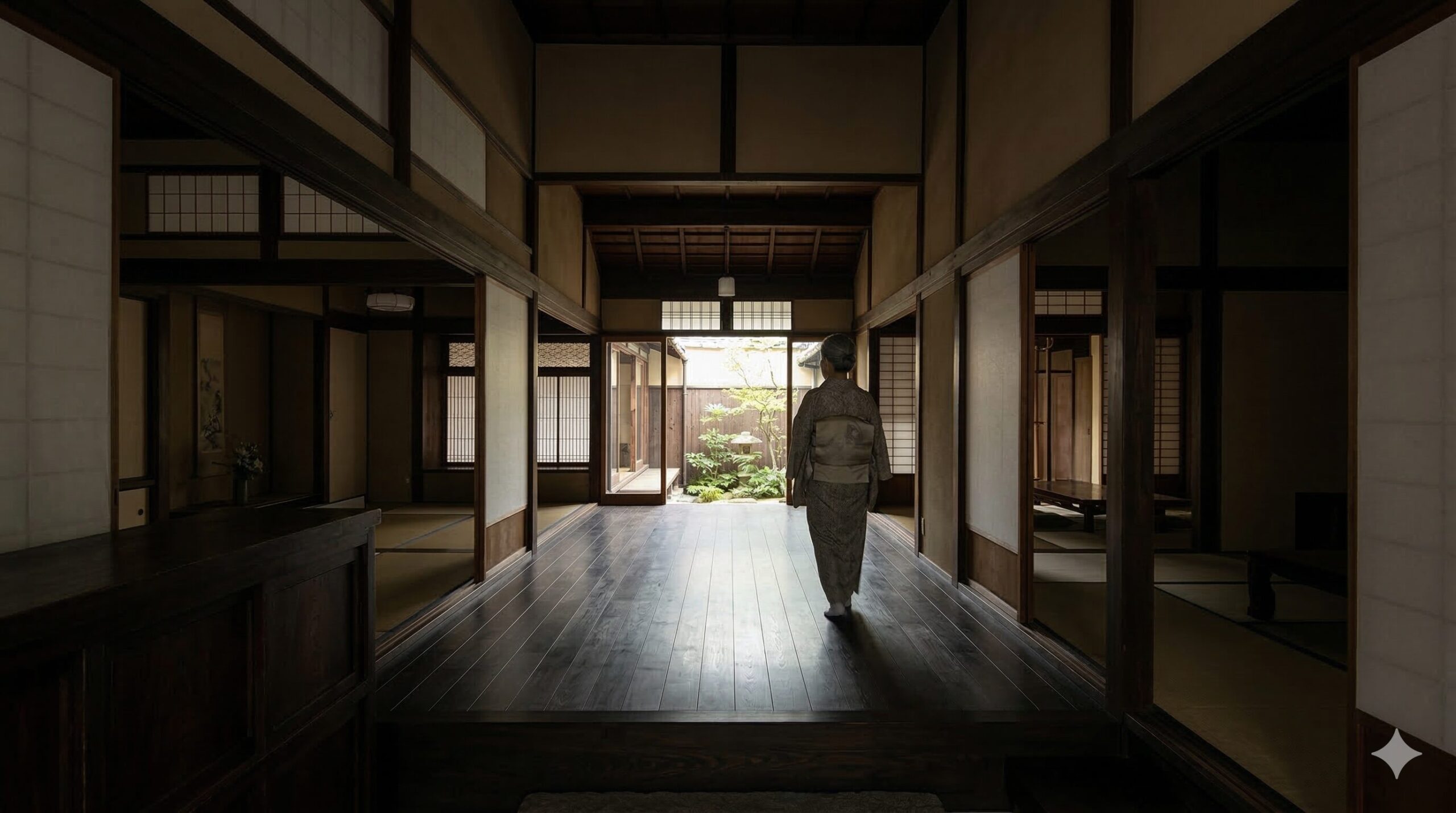 京都町家の玄関から奥へと続く長い通り庭。木造建築の深みと坪庭から差し込む柔らかな光が、段階的に気持ちを整える体験を表現している。