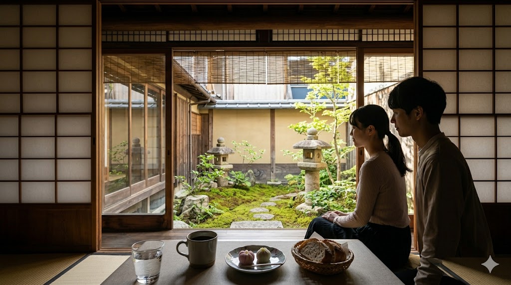 京都町家の縁側で、庭を眺めながら地元で手に入れた和菓子やコーヒー、パンを楽しむ朝。町家ステイを食文化で深める体験を表現している。
