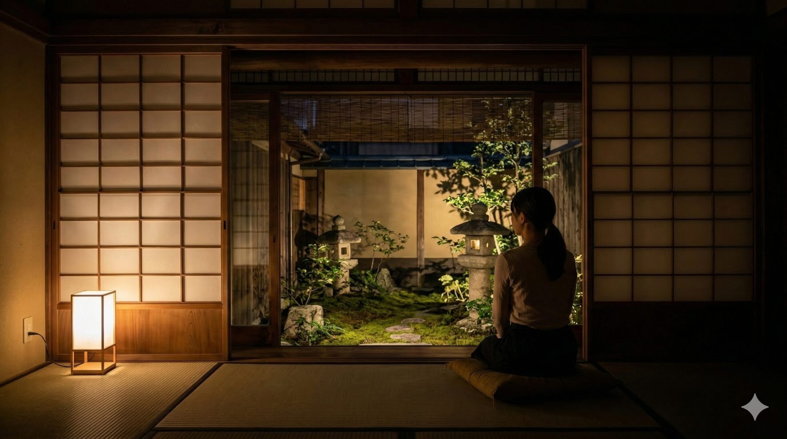 京都町家の夜、ほのかな間接照明のなかで静かに浮かび上がる坪庭と、それを見つめる女性の後ろ姿。町家特有の影の美しさを体験談として表現している。