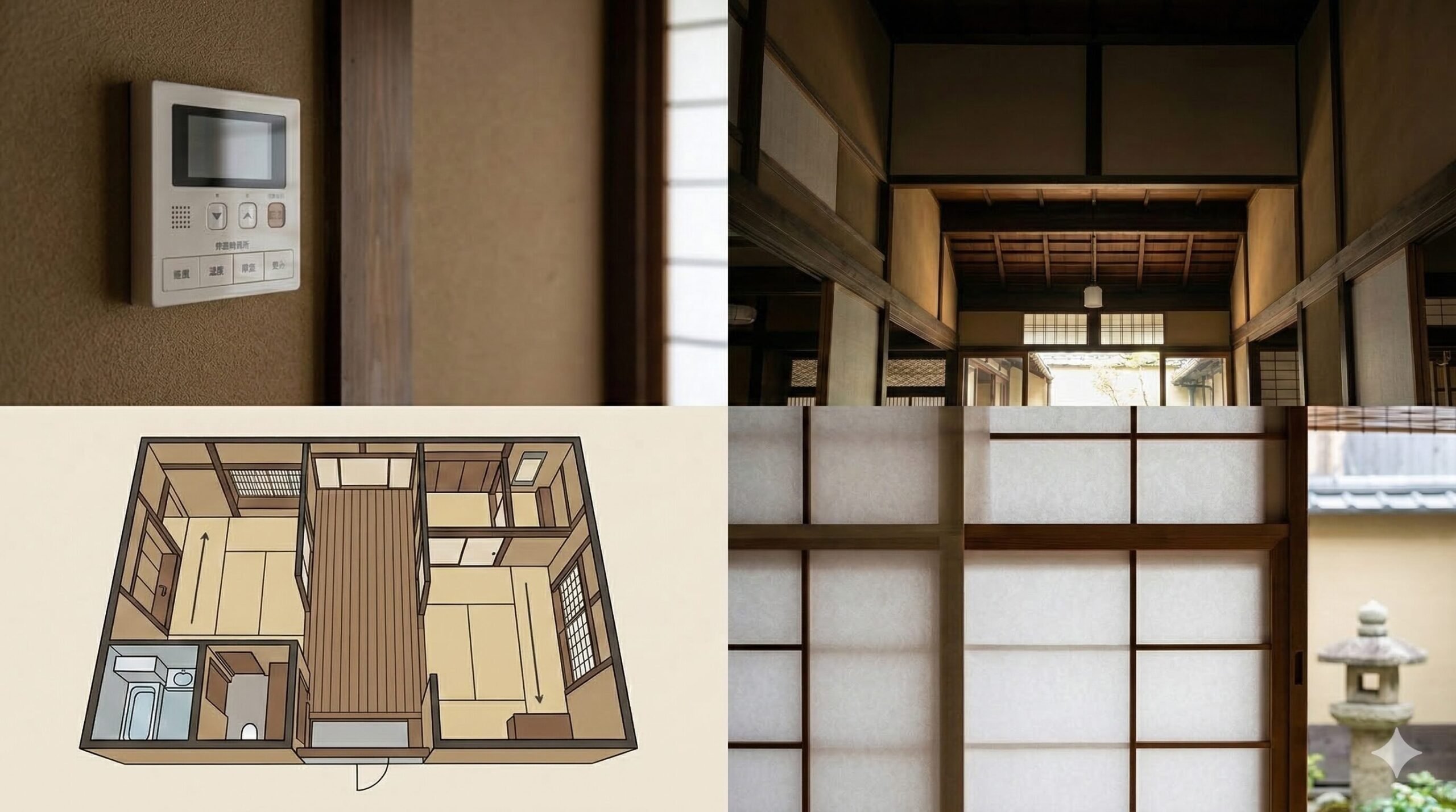 京都町家の体験宿泊で失敗しないためのポイントを4つの実例写真で解説。床暖房パネル、火袋の梁、坪庭への動線、清潔な水回りの様子が、失敗しない選び方の基準となっている。