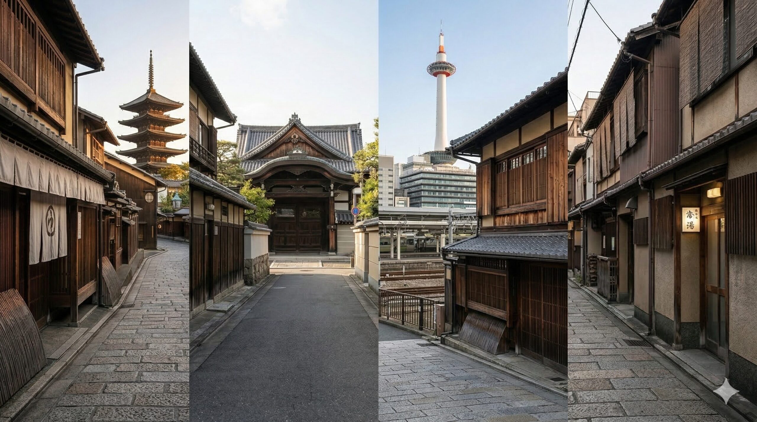 京都町家の体験宿泊におすすめの4つのエリア（祇園・東山、二条城周辺、京都駅近く、西陣）それぞれの特徴と雰囲気を1枚にまとめたエリア別選び分けの図。