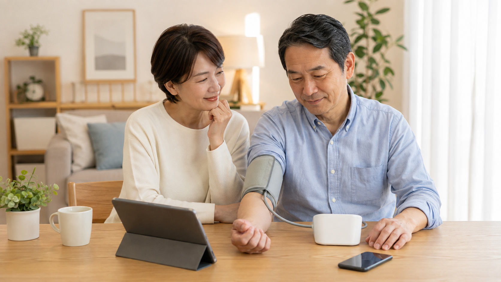 家庭で血圧を測定する日本人夫婦とオムロンのデジタルヘルスをイメージした場面