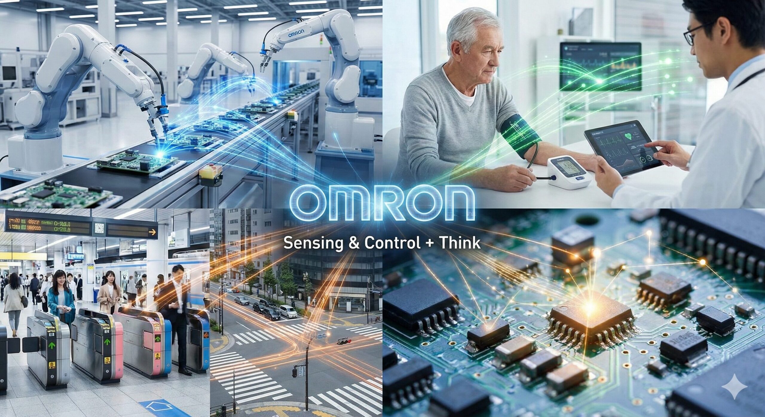 オムロンの主要事業である産業オートメーション、ヘルスケア、社会システム、電子部品の現場を示すコラージュ。「Sensing & Control + Think」というコア技術が多様な分野で活用されている様子を表現している。 画像4