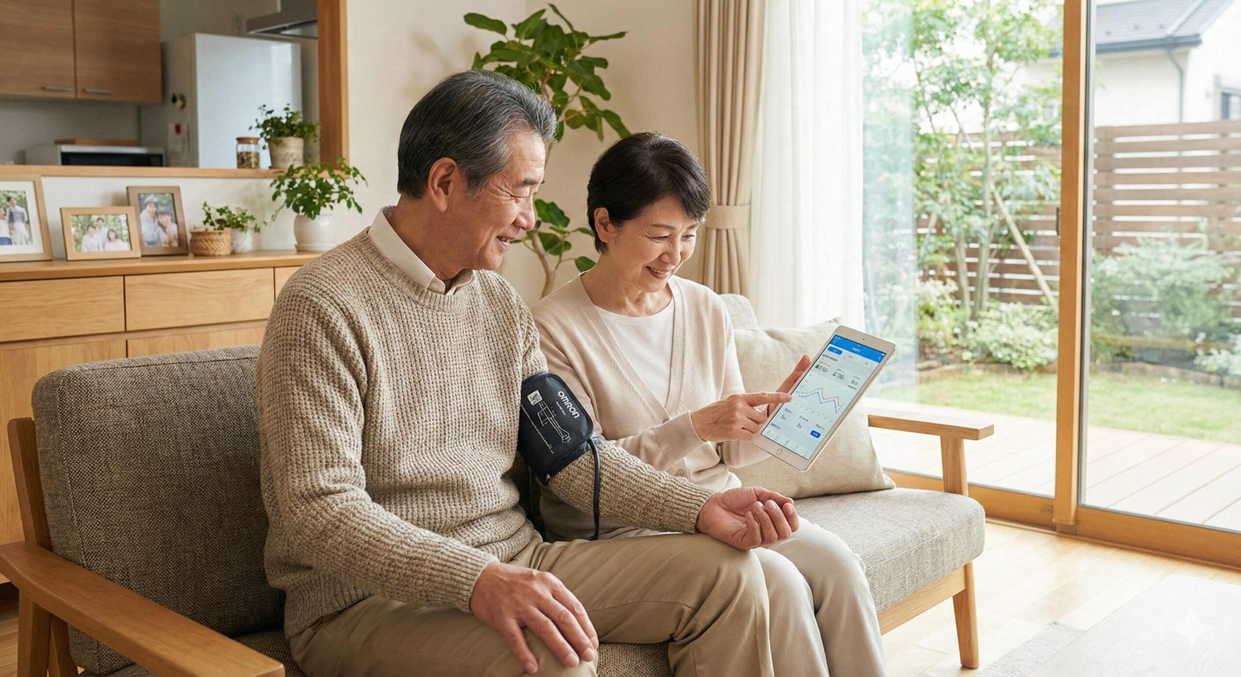日本の家庭のリビングルームで、高齢の夫婦がオムロンの血圧計を使って健康チェックを行い、タブレットでデータを確認している様子。家庭用ヘルスケア機器の普及とデータ活用の日常風景。