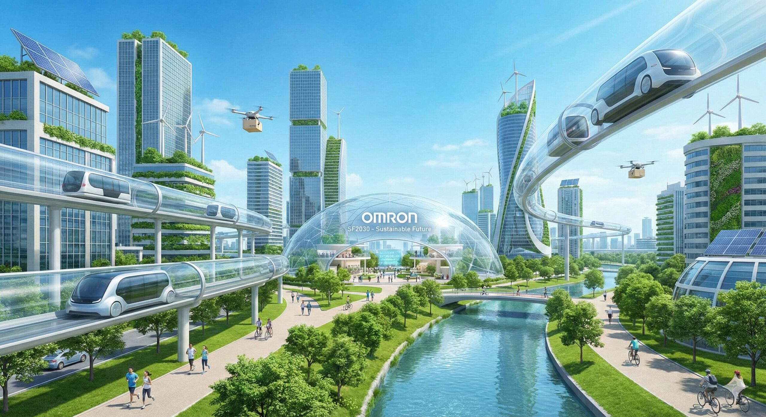 オムロンの長期ビジョン「SF2030」が目指す未来都市のイメージ。再生可能エネルギー、自動運転、人々の健康的な生活が調和した持続可能な社会が描かれている。