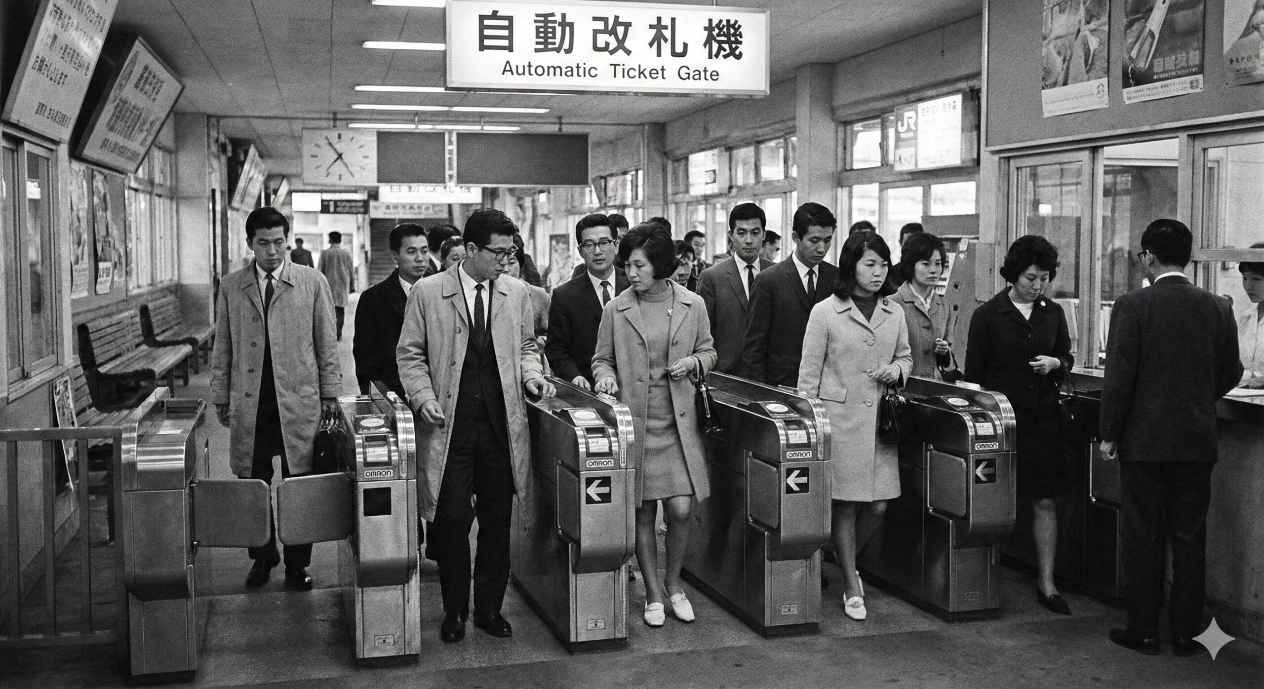 1960年代後半から70年代初頭の日本の駅で、初期の自動改札機を利用する人々の様子を捉えた当時の写真。オムロンが開発した世界初の技術が社会に導入された瞬間を伝えている。