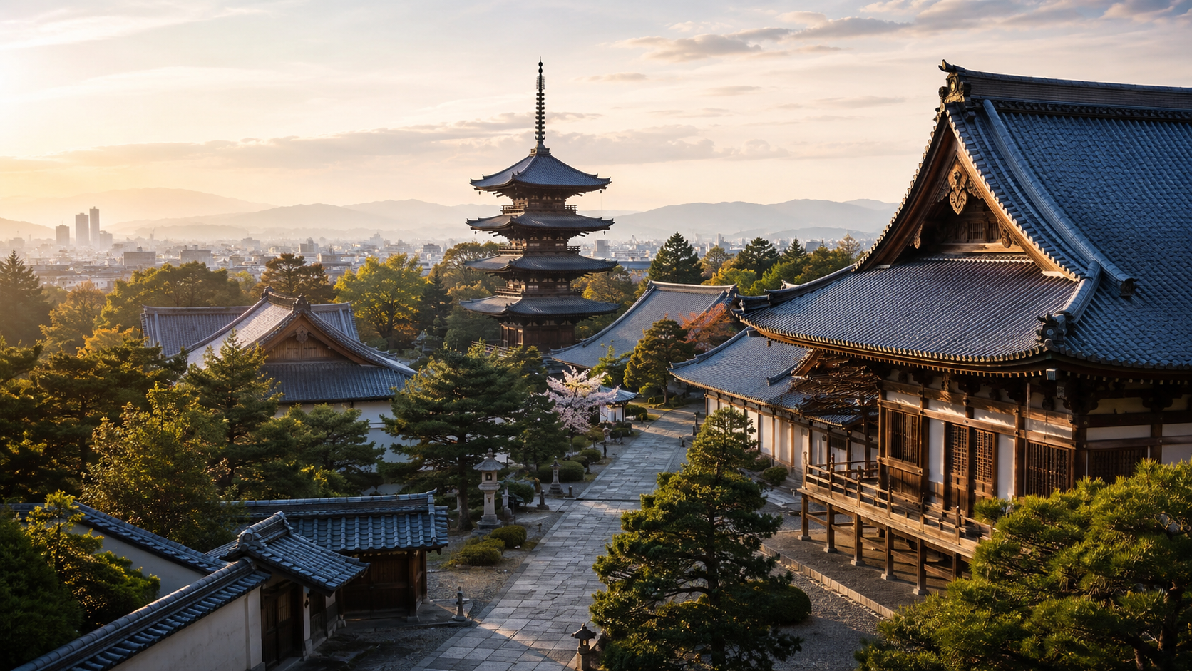 オムロンの社名の由来となった京都・御室をイメージした寺院と五重塔